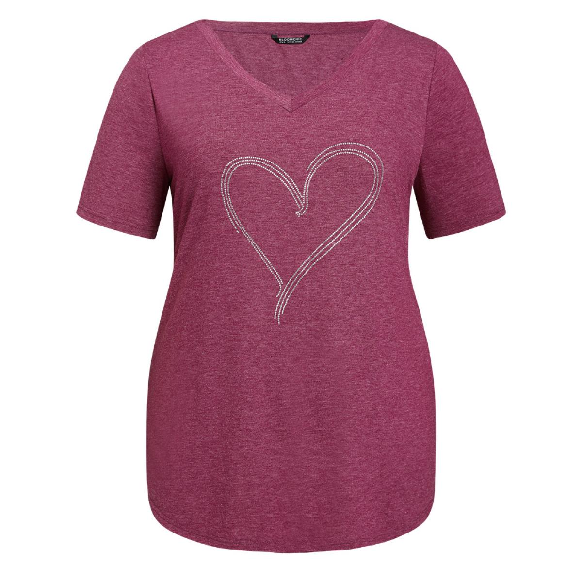 Plus Size Solid Heart Rhinestone V Neck T-shirt RedViolet Women Casual Plain Heart Print Dailywear T-shirts BloomChic 10/M Product Image