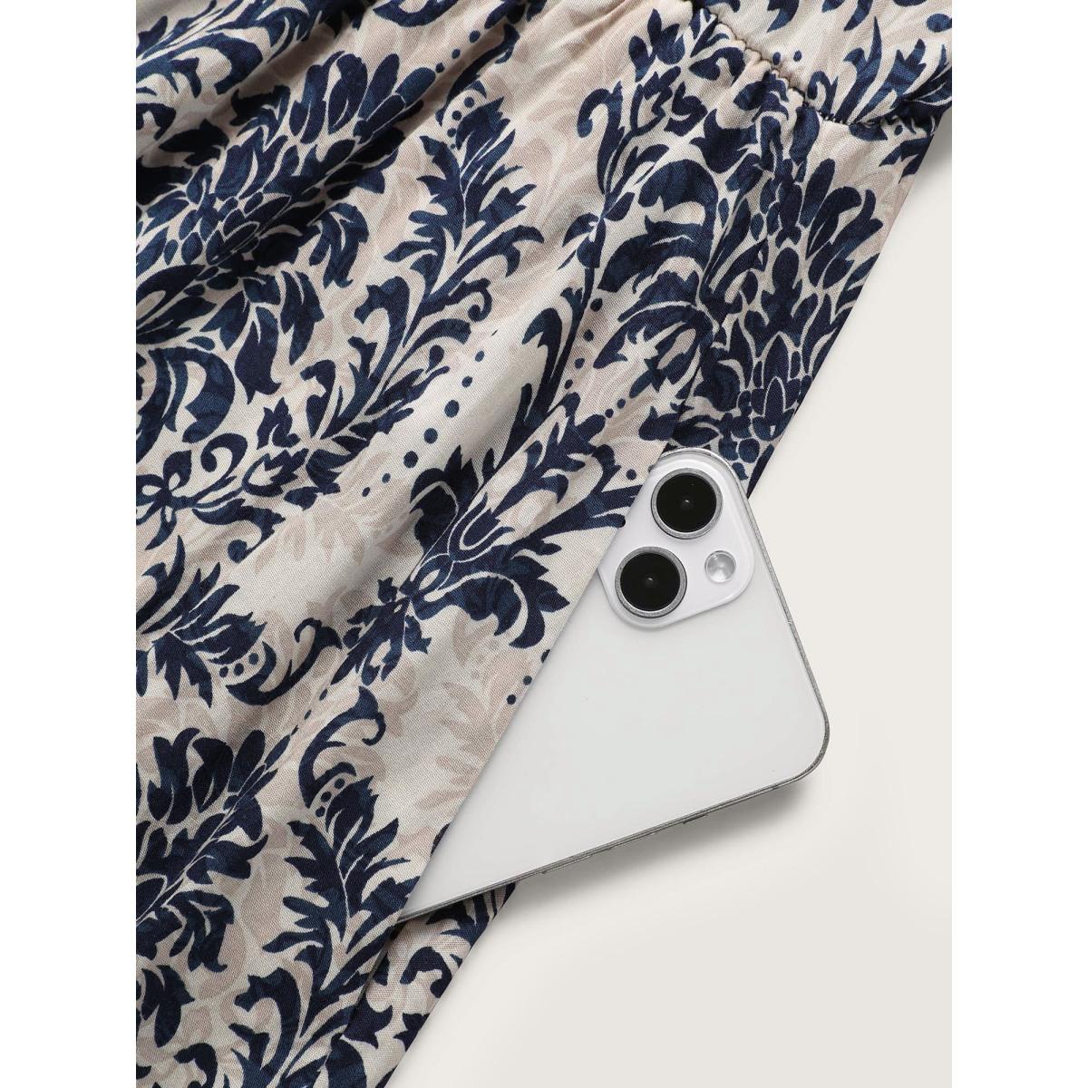 Plus Size Damask Print Tie Knot Puff Sleeve Dress DarkBlue Women Resort Tie knot V-neck Elbow-length sleeve Curvy BloomChic 22-24/3X Product Image