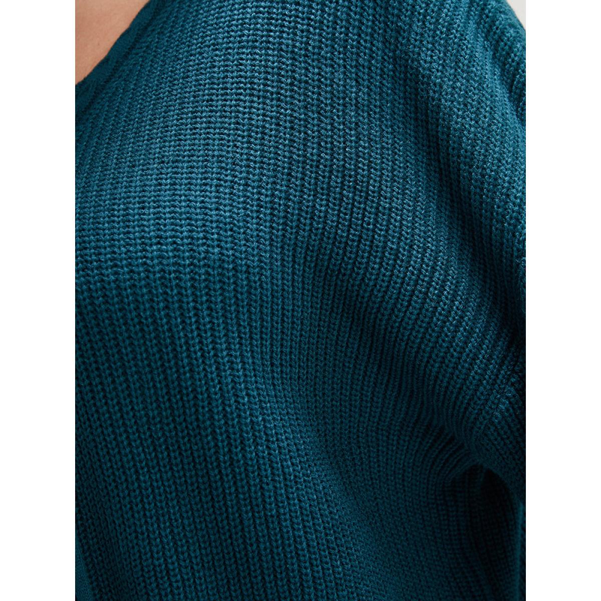 Plus Size Solid Pointelle Knit Lace Up Deep V Neck Knit Top Aegean Women Elegant Loose Long Sleeve Deep V-neck Dailywear Pullovers BloomChic 22-24/3X Product Image