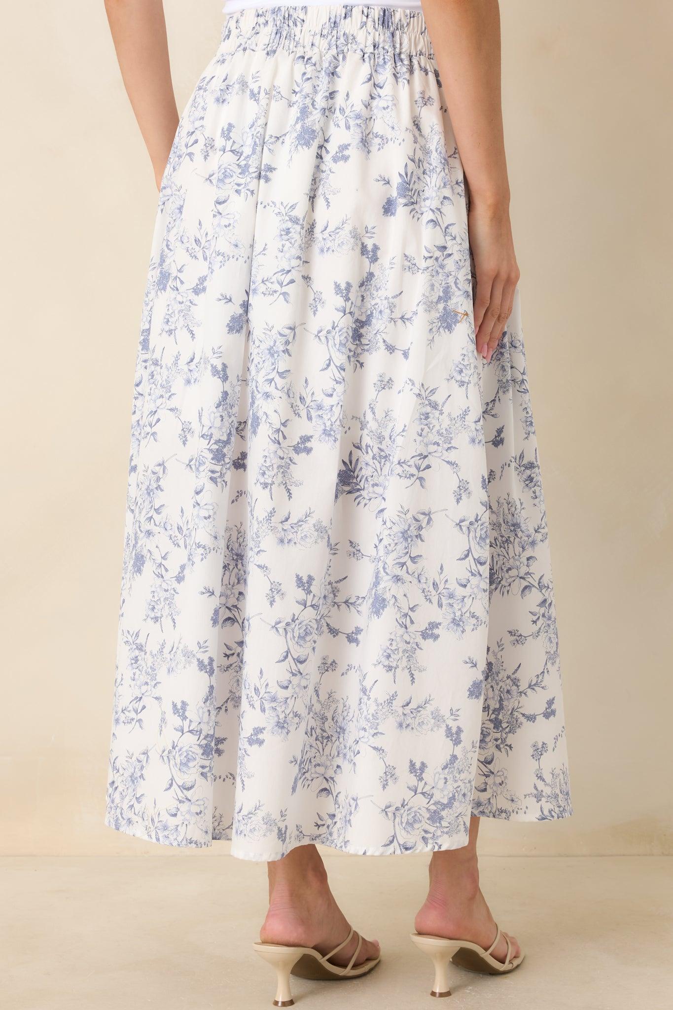 Once Upon a Daydream Blue & Ivory Floral Toile Cotton Maxi Skirt Product Image