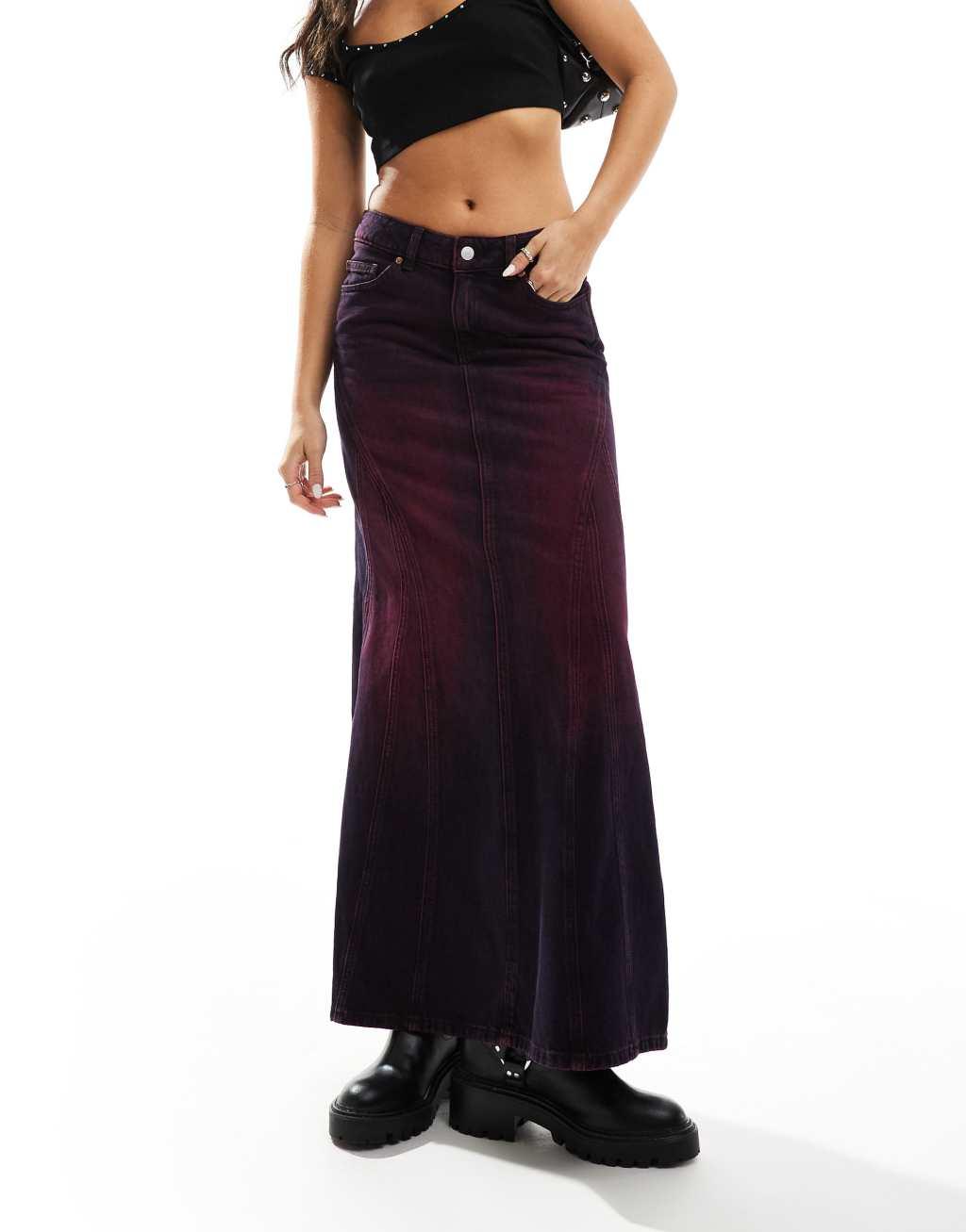 Monki denim column maxi skirt in purple overdye Product Image