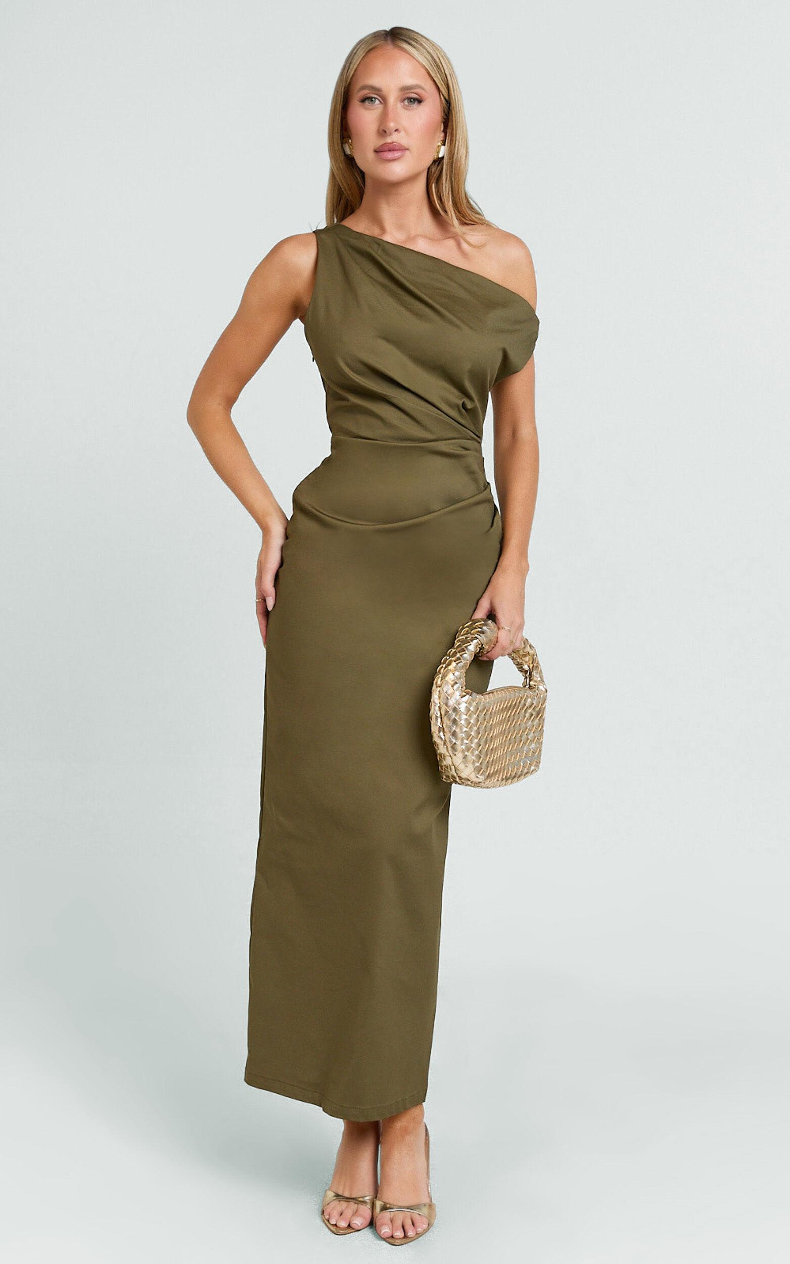Alexandria Midi Dress - Tip Shoulder Draped Fitted Dress in Olive Product Image