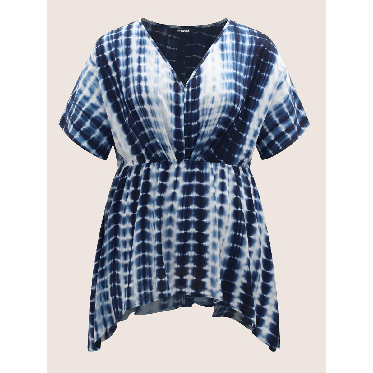 Plus Size Indigo Rayon Tie Dye Asymmetrical Hem Blouse Women Resort Half Sleeve V-neck Vacation Blouses BloomChic 12/L Product Image