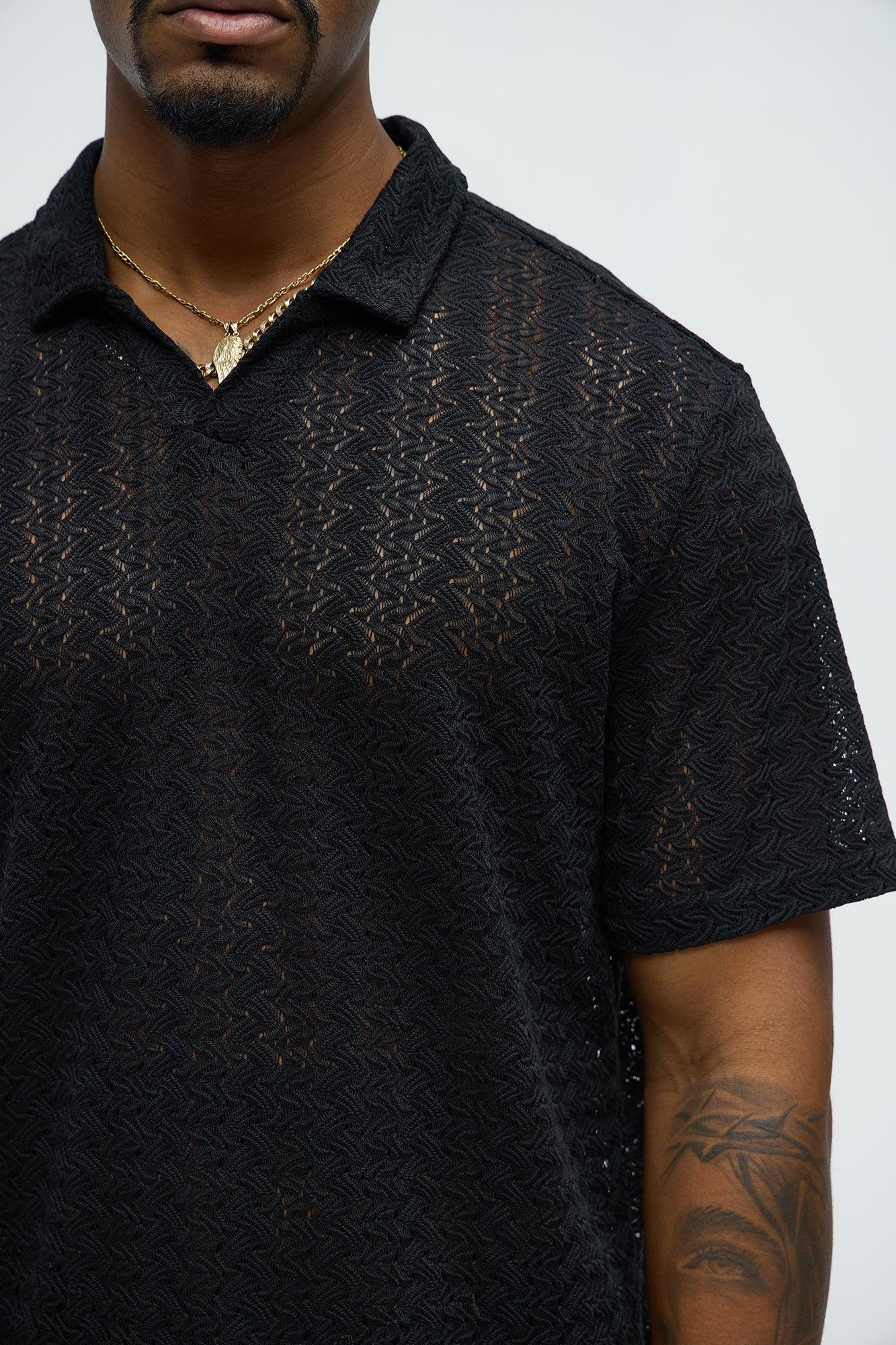 Gerard Crochet Knit Johnny Collar Shirt - Black Product Image