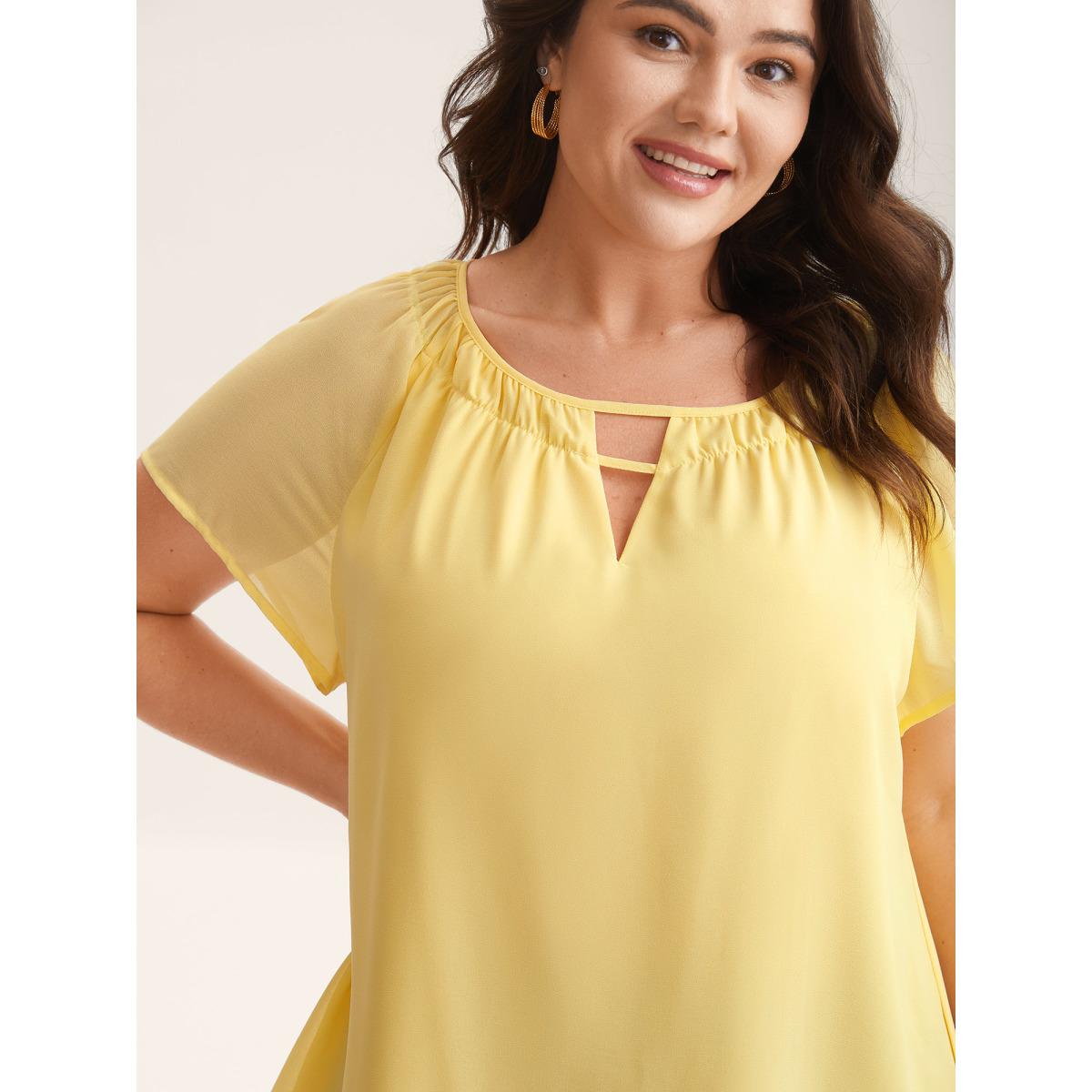 Plus Size Lightyellow Sheer Lined Neck Cut-Out Blouse Women Cap Sleeve Boat Neck Everyday-Elegant Blouses BloomChic 14-16/1X Product Image