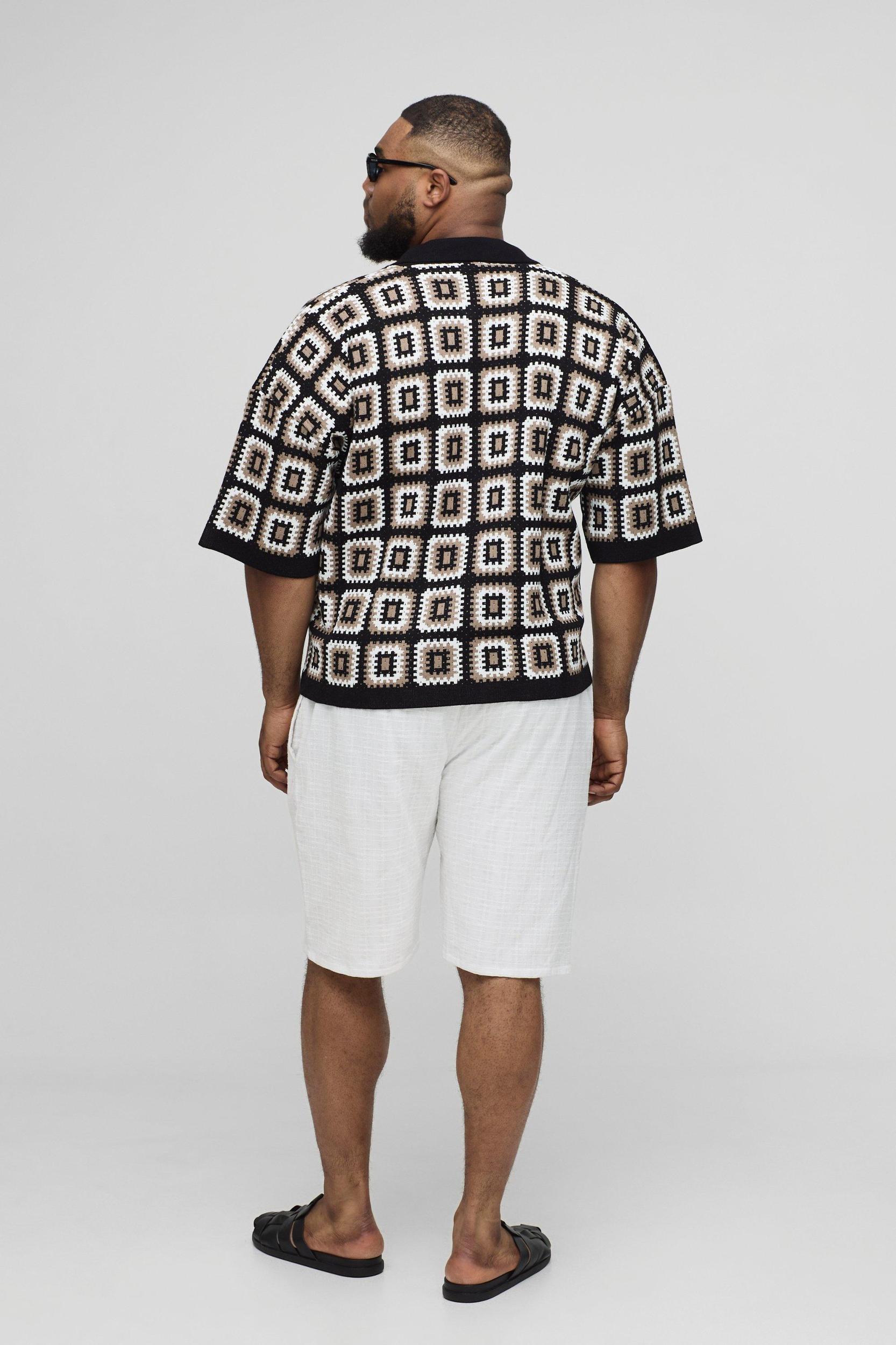 Plus Oversized Boxy Crochet Knit Polo In Black | boohooMAN USA Product Image