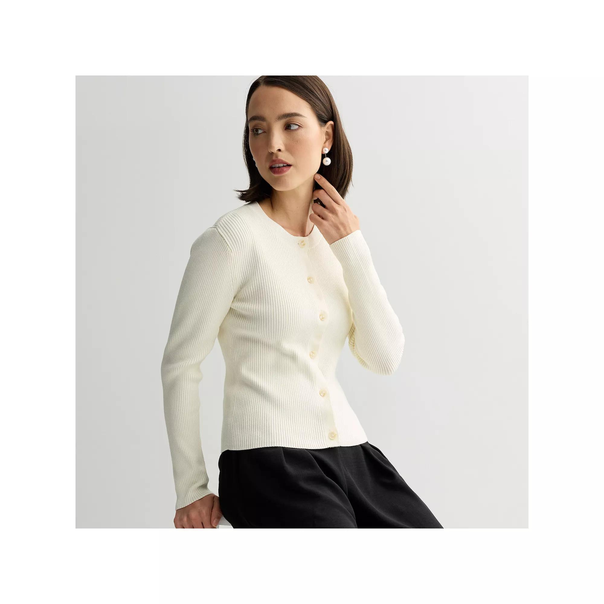 Women's Nine West Fitted Rib Crew Neck Sculpt Cardigan,  Product Image