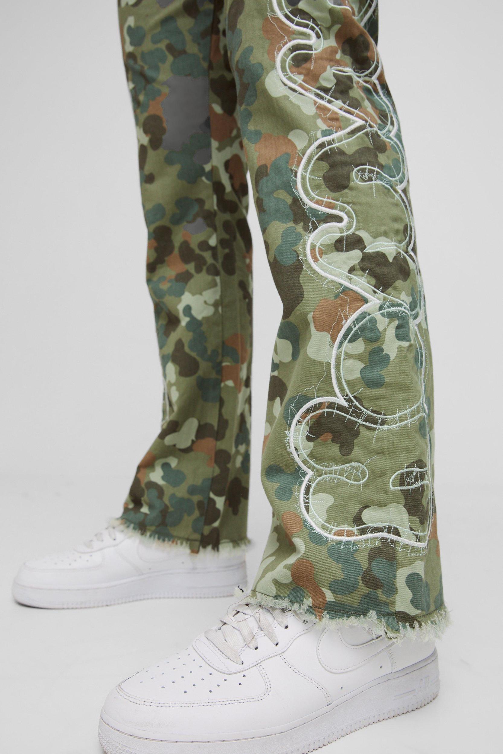 Tall Self Applique Gusset Detail Camo Slim Fit Flared Pants | boohooMAN USA Product Image