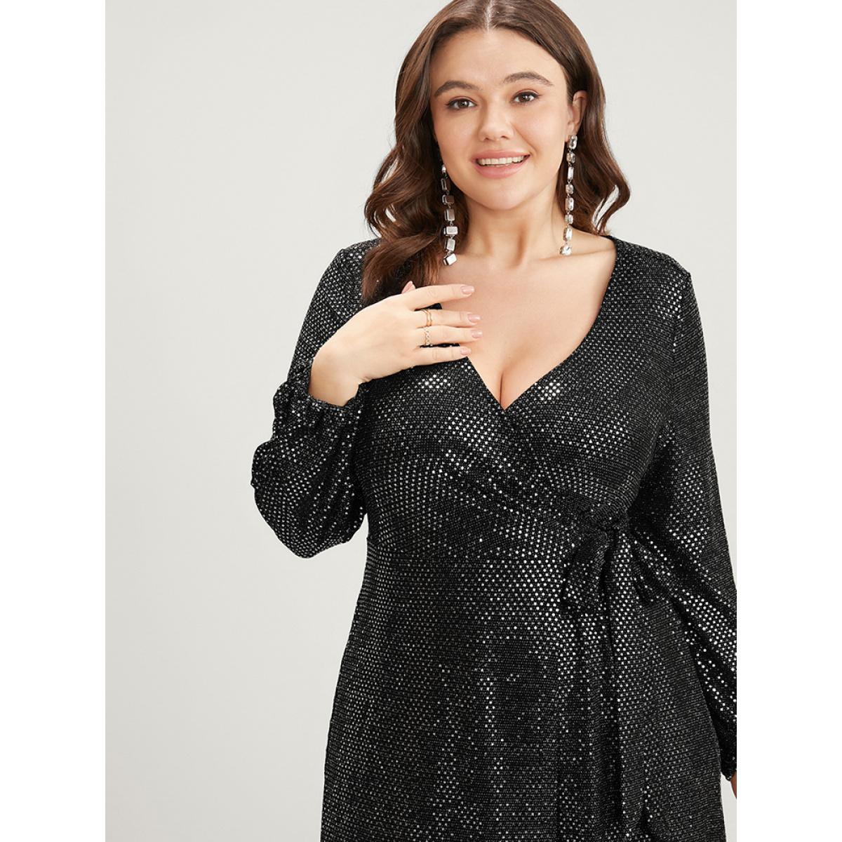 Plus Size Solid Sequin Knotted Side Wrap Lantern Sleeve Dress Black Women Party Knotted V-neck Long Sleeve Curvy Midi Dress BloomChic 26/4X Product Image