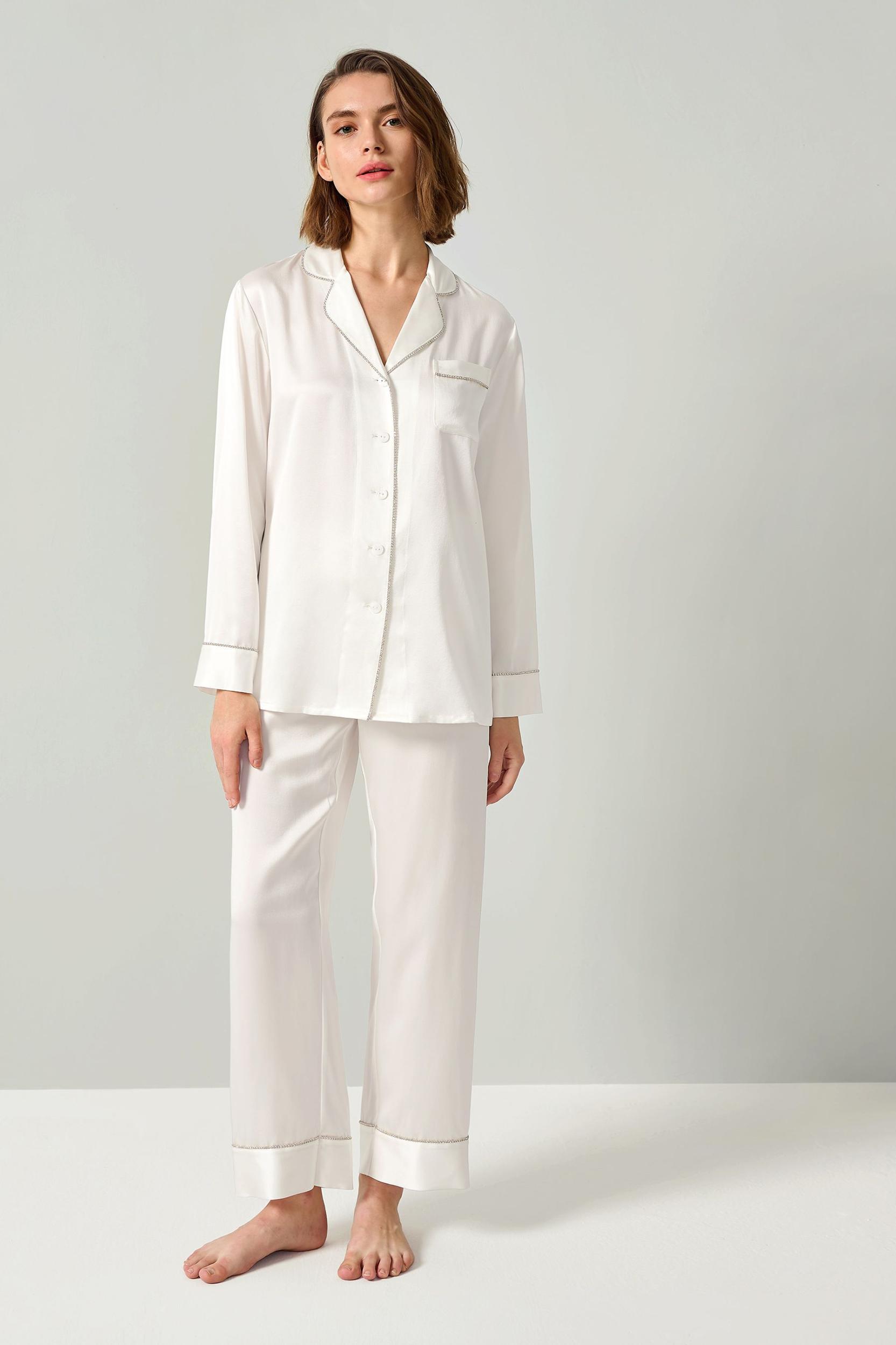 Rhinestone Trimmed Silk Women Pajamas Set Product Image