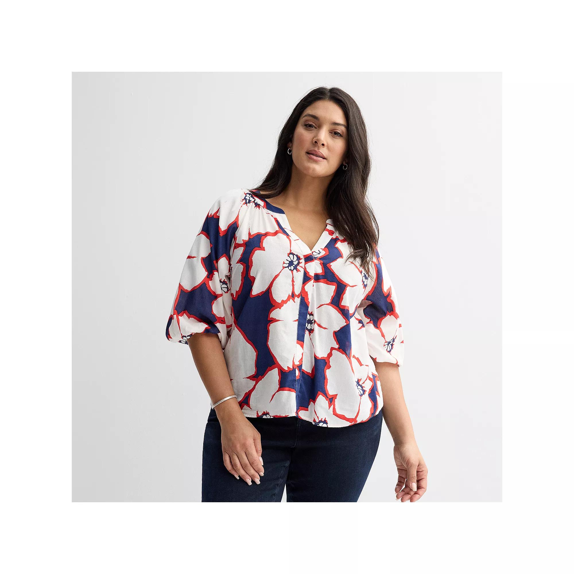 Plus Size Sonoma Goods For Life® Shirred Y-Neck Balloon Sleeve Blouse, Women's, Size: 1XL, Blue Brush Floral Product Image