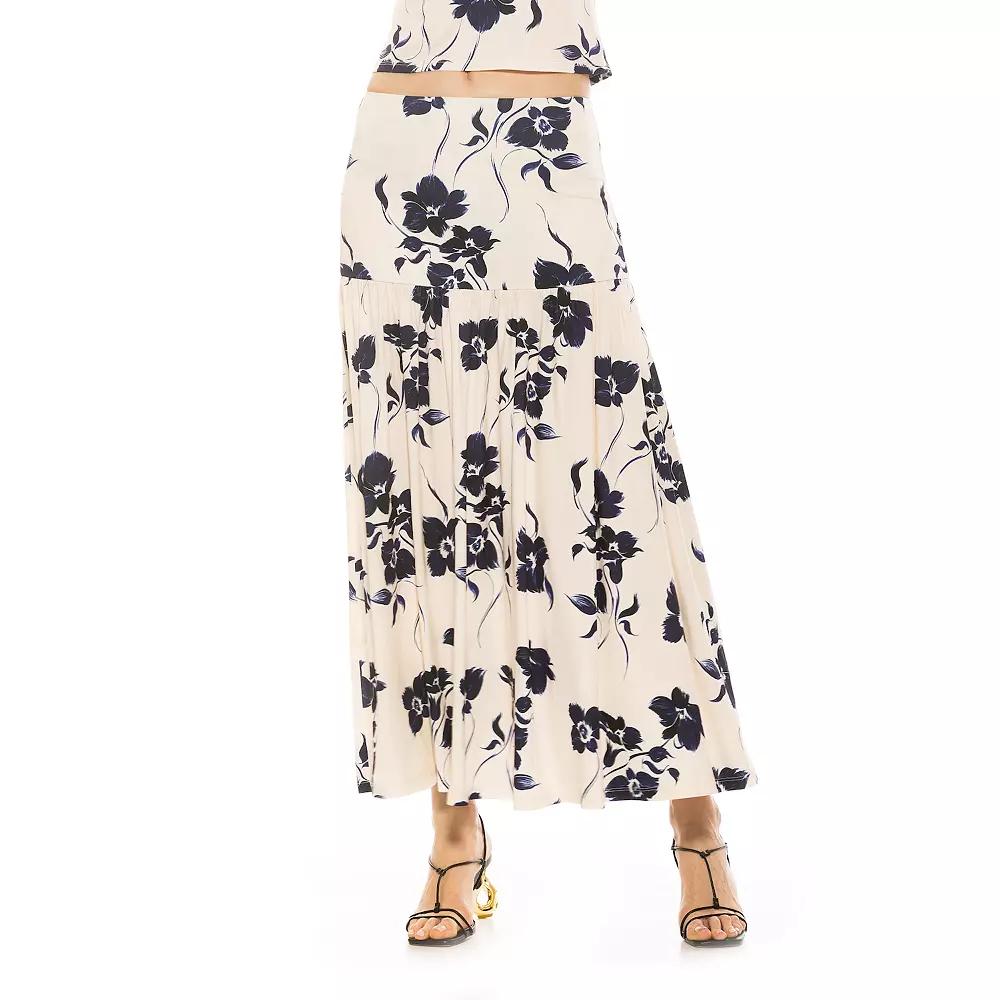 Women's ALEXIA ADMOR Lia Shirred Maxi Skirt, Size: XS, Blue Floral Product Image