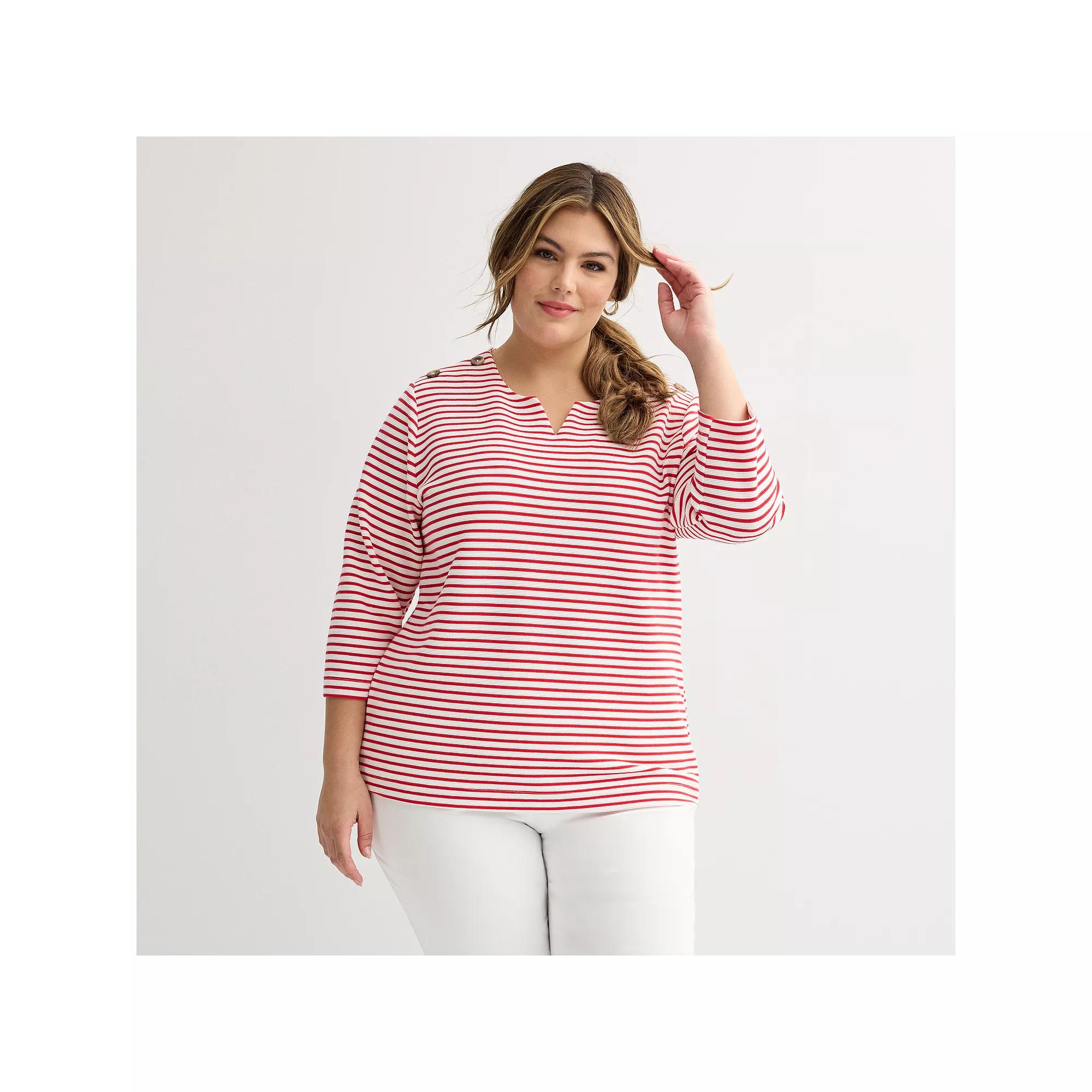 Plus Size Croft & Barrow® Button Shoulder Split Neck Top, Women's, Size: 0X, Red Stripe Product Image