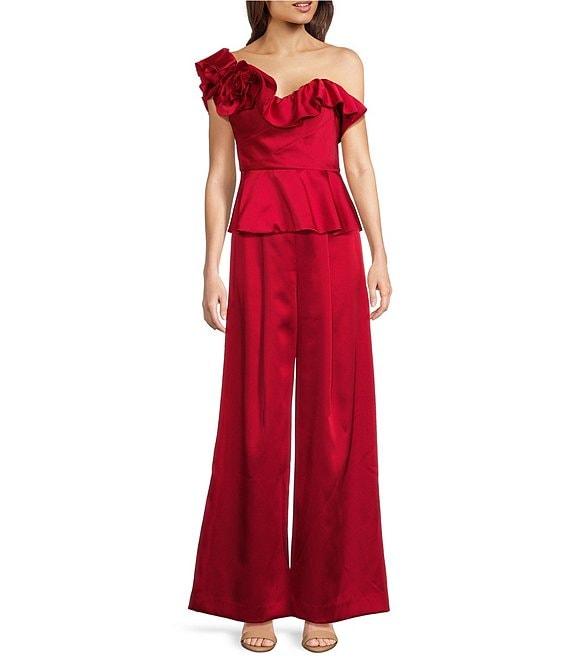 Muse by Marchesa Satin 3D Floral Carnation Ruched Sweetheart Neck Asymmetrical One Shoulder Peplum Coordinating Top Product Image