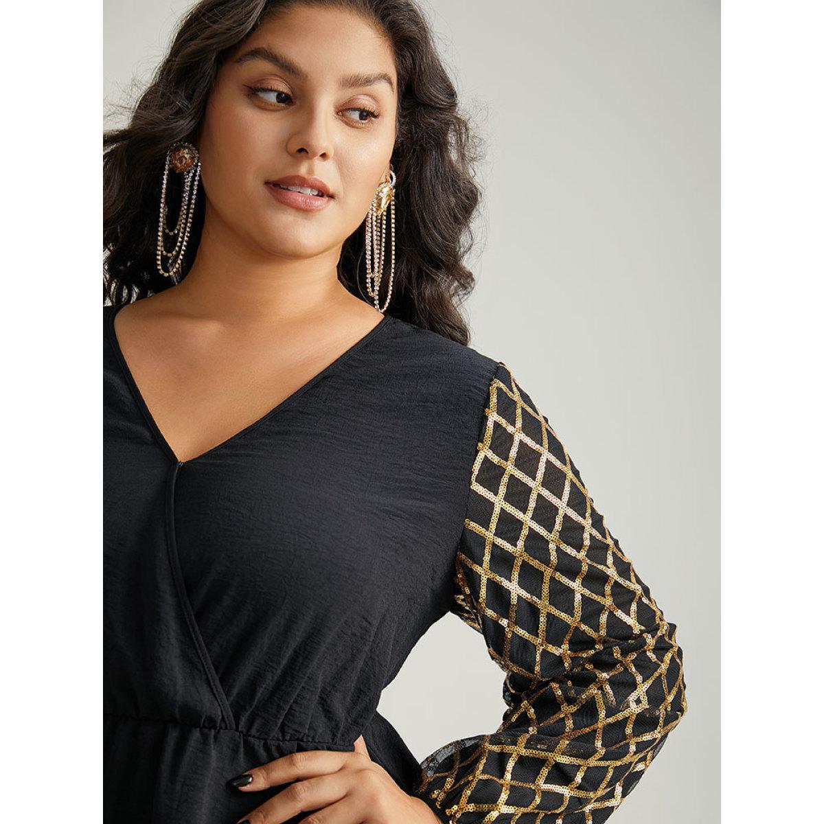 Plus Size Black Plaid Sequin Patchwork Wrap Blouse Women Glamour Long Sleeve Overlap Collar Festival-Christmas Blouses BloomChic 18-20/2X Product Image