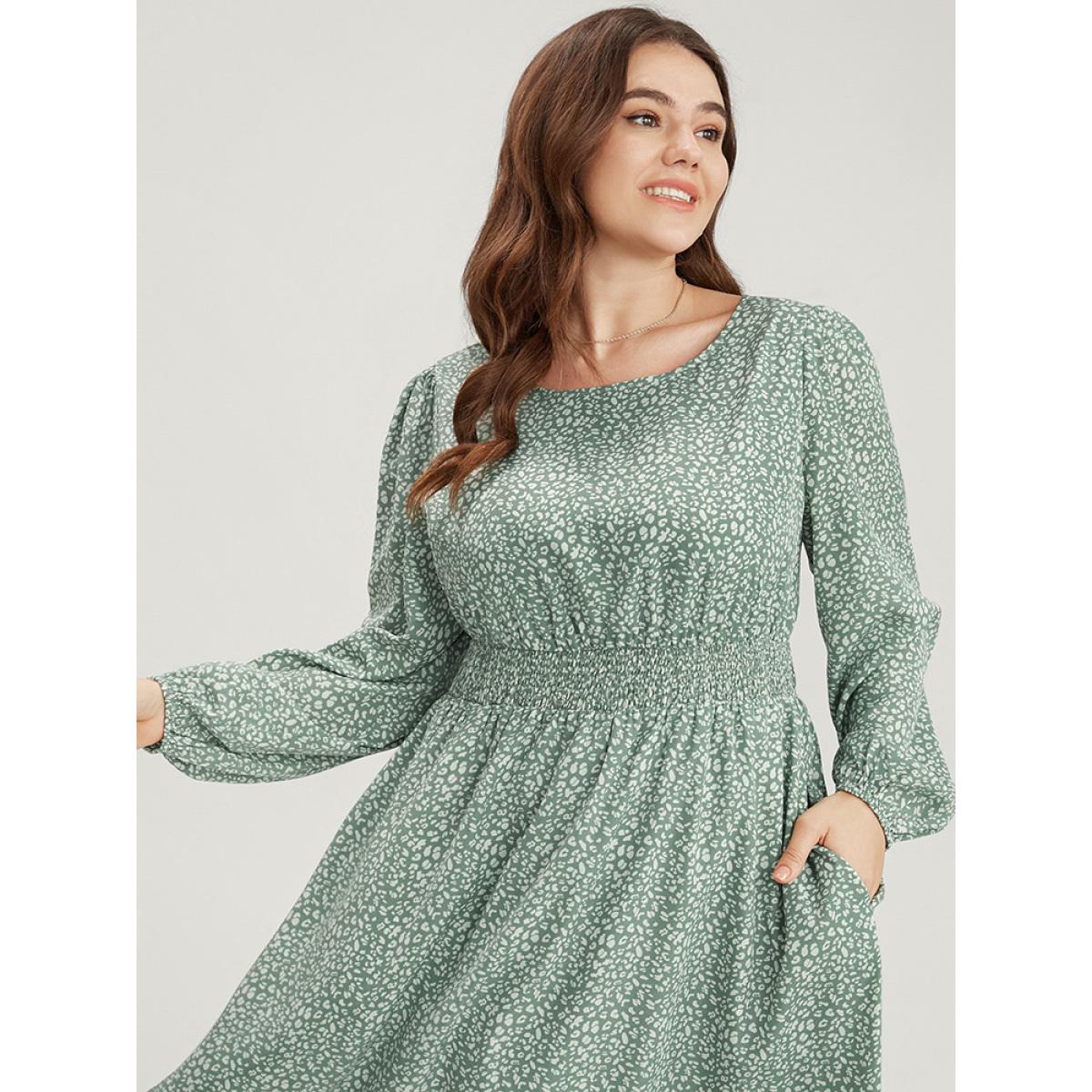 Plus Size Leopard Print Lantern Sleeve Shirred Pocket Flutter Knee Dress Green Women Elegant Elastic Waist Round Neck Long Sleeve Curvy Knee Dress BloomChic 26/4X Product Image