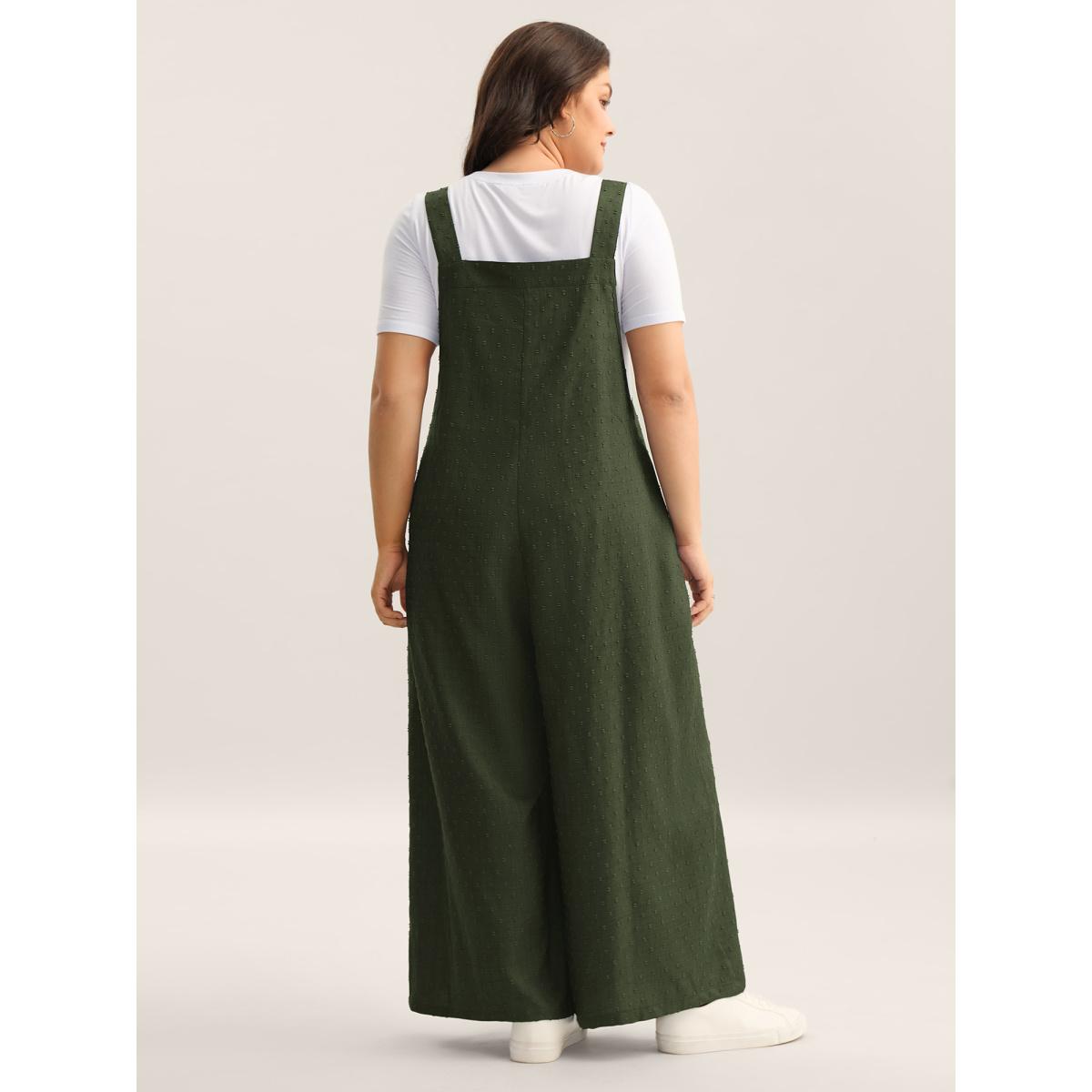 Plus Size ArmyGreen Textured Plicated Detail Overall Straps Jumpsuit Women Leisure Sleeveless Square Neck Casual Loose Jumpsuits BloomChic 12/L Product Image