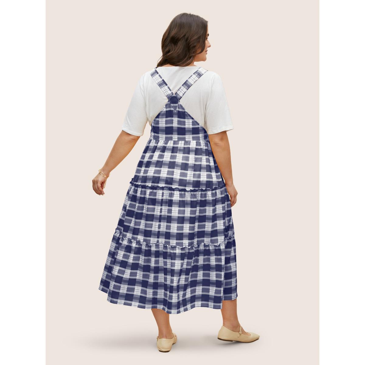 Plus Size Plaid Frill Trim Patchwork Hem Dress DarkBlue Women Casual Frill Trim Non Sleeveless Curvy BloomChic 22-24/3X Product Image