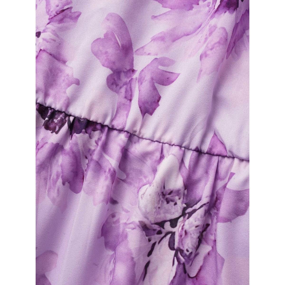 Plus Size Floral Print Square Neck Frill Trim Midi Dress Lavender Women Elegant Frill Trim Square Neck Short sleeve Curvy BloomChic 14-16/1X Product Image