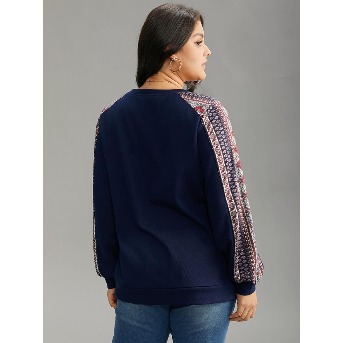 Plus Size Paisley Contrast Patchwork Rib Knit Sweatshirt Women DarkBlue Elegant Contrast Round Neck Dailywear Sweatshirts BloomChic 10/M Product Image