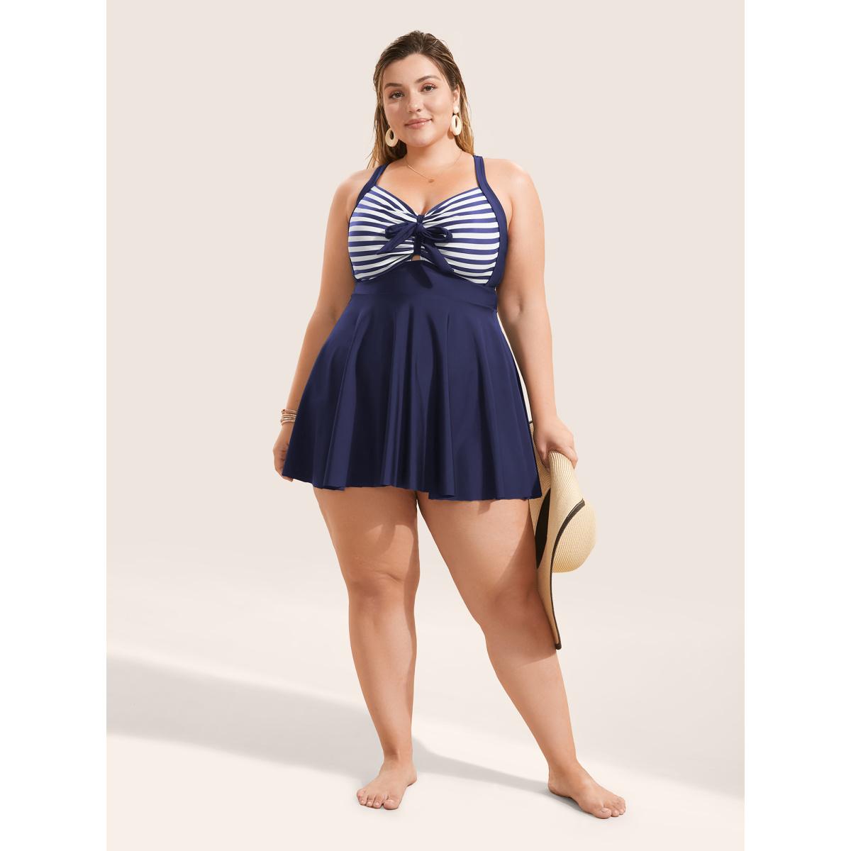 Plus Size Stripes Patchwork Tie Knot Cross Straps Swim Dress Women's Swimwear Indigo Resort Bodycon Heart neckline High stretch Curve Swim Dresses BloomChic 28/5X Product Image