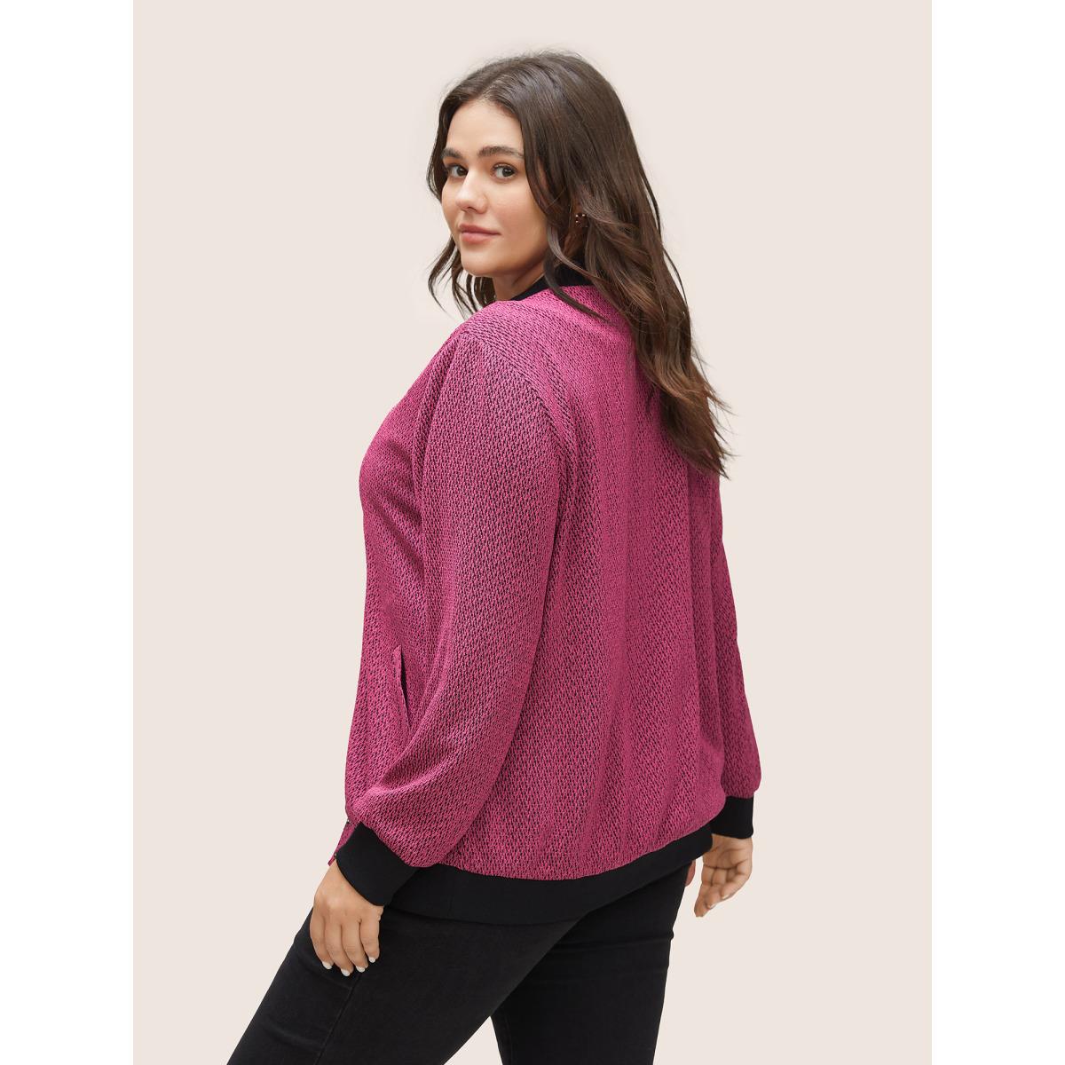 Plus Size Contrast Textured Baseball Collar Jacket Women RedViolet Non Side seam pocket Everyday Jackets BloomChic 14-16/1X Product Image