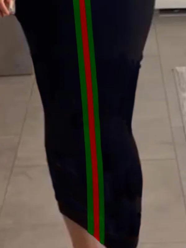 Bodycon Half Sleeves Contrast Color Striped Stand Collar Midi Dresses Product Image