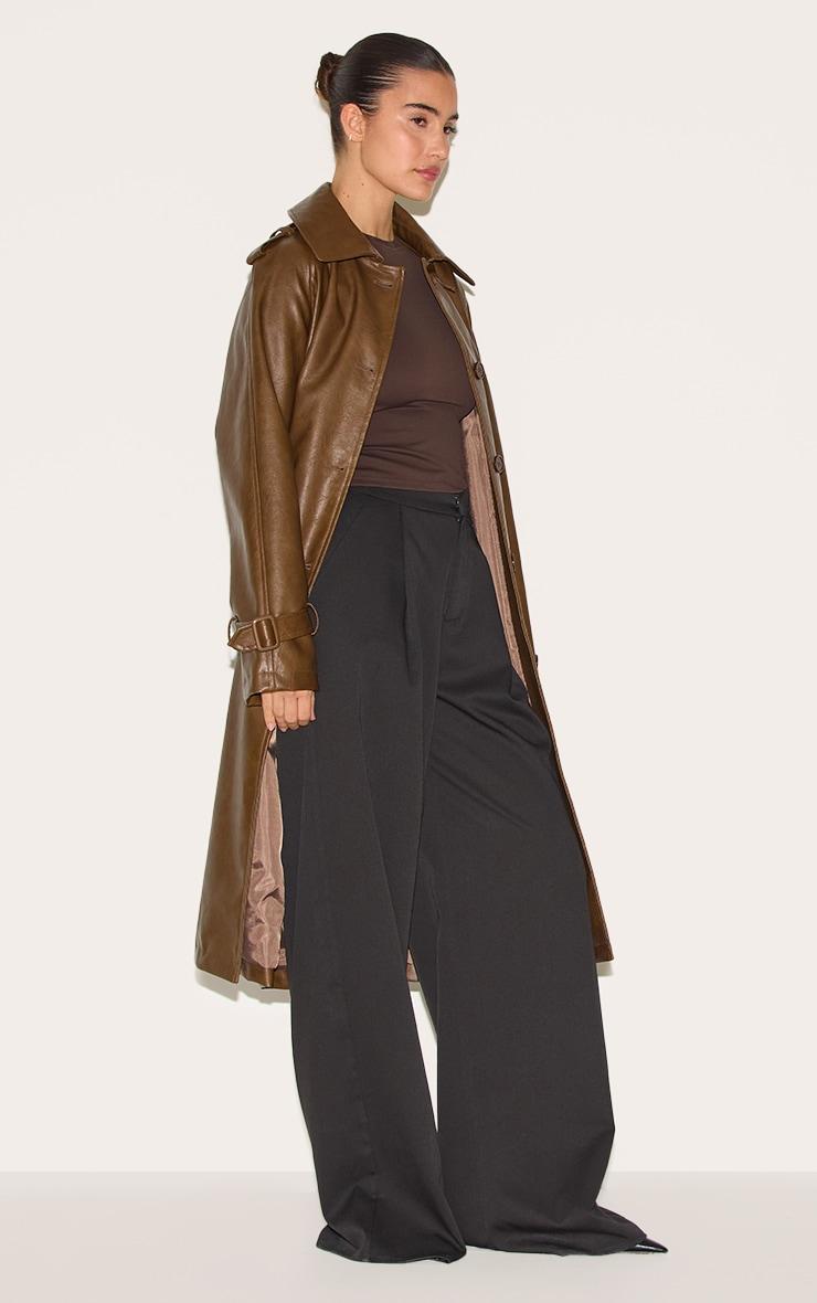 Chocolate Mid Length Faux Leather Trench Coat Product Image