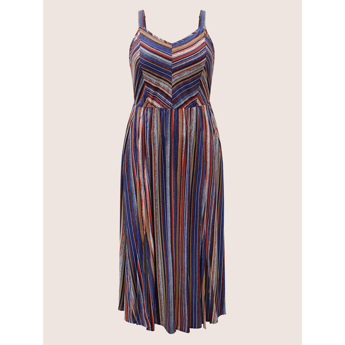 Plus Size Striped Contrast Pocket Split Ruffle Hem Spaghetti Strap Dress DarkBlue Women Resort Non V-neck Sleeveless Curvy Midi Dress BloomChic 28/5X Product Image