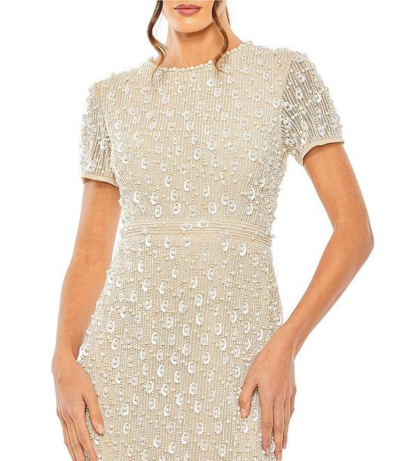 Mac Duggal Round Neck Short Sleeve Embellished Sheath Midi Dress Product Image