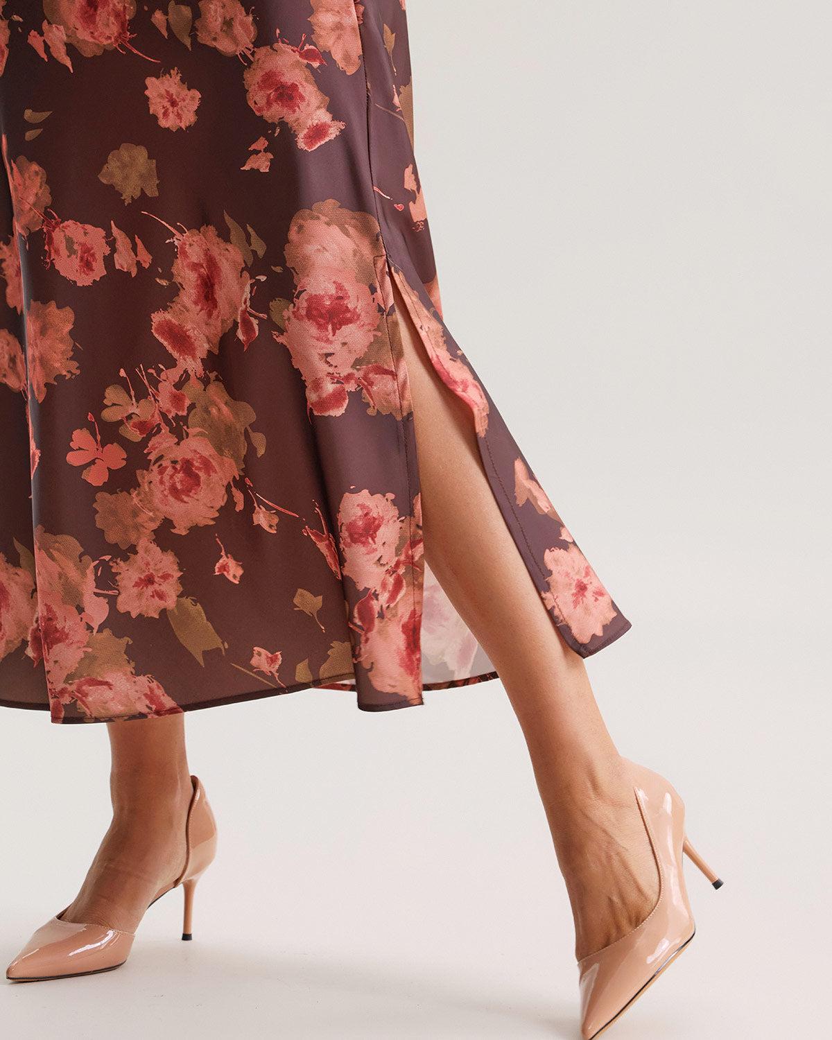 Brown Floral Straight Midi Skirt Product Image