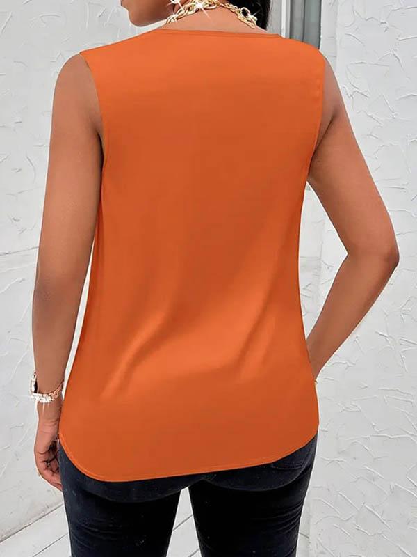 Loose Sleeveless Pleated Solid Color V-Neck Vest Top Product Image