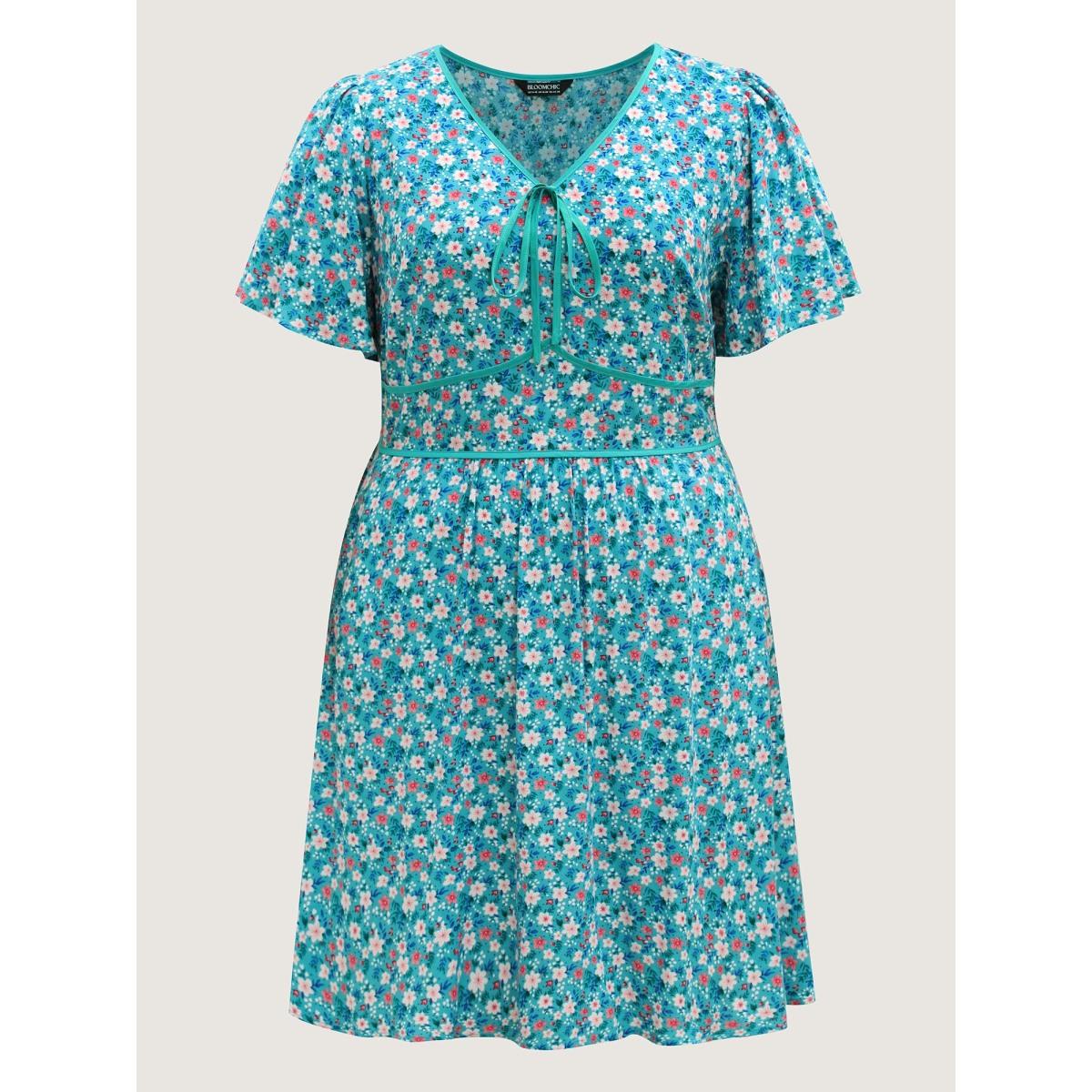 Plus Size Floral Contrast Cinched-Waist Tie Midi Dress Arctic Women V-neck Short sleeve Curvy BloomChic 26/4X Product Image