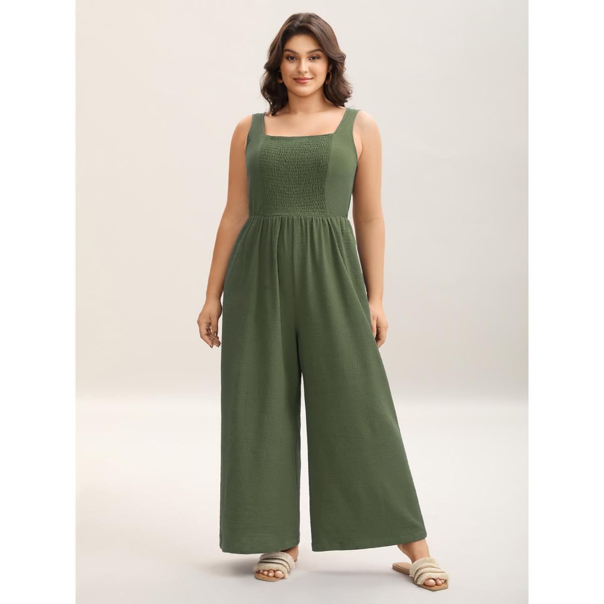 Plus Size ArmyGreen Shirred Pockets Wide-Leg Plain Jumpsuit Women Leisure Sleeveless Non Vacation Loose Jumpsuits BloomChic 28/5X Product Image