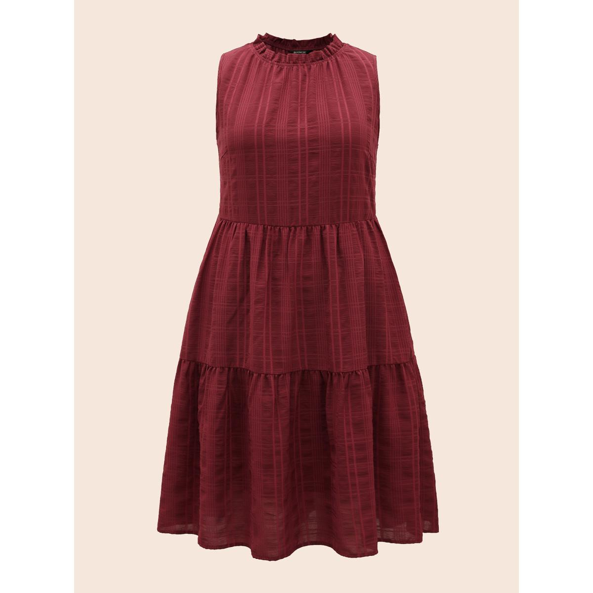 Plus Size Plaid Stand Collar Frill Trim Sleeveless Dress Burgundy Women Elegant Texture Stand-up collar Sleeveless Curvy BloomChic 18-20/2X Product Image