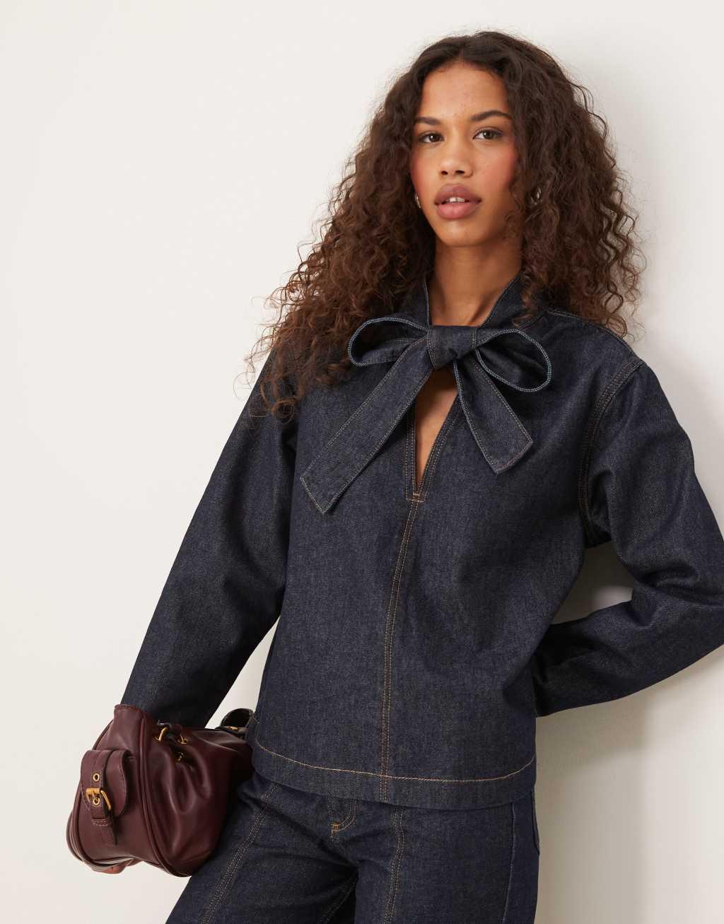 ASOS DESIGN v neck denim top with bow tie neck Product Image