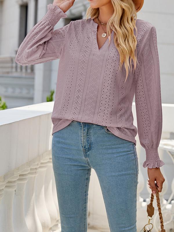 Long Sleeves Loose Elasticity Hollow Solid Color V-Neck T-Shirts Tops Product Image