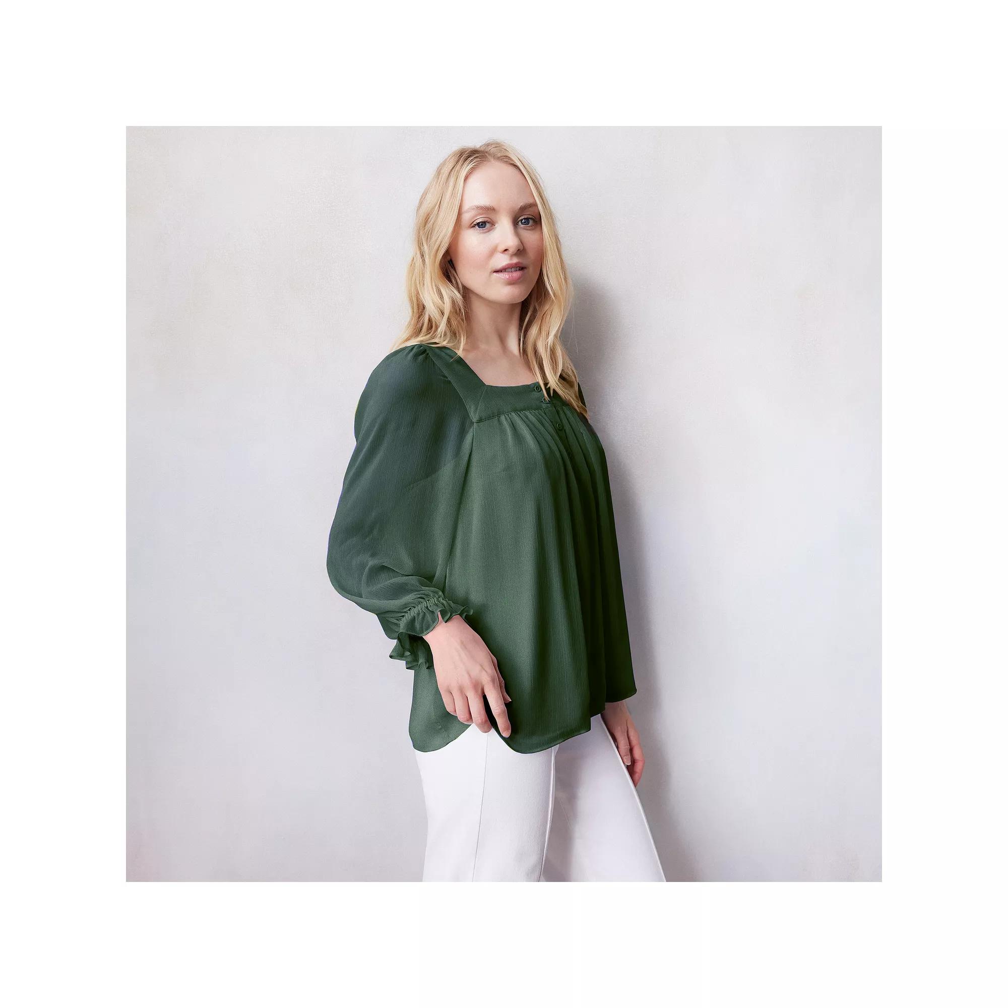 Petite LC Lauren Conrad Henley Puff Sleeve Peasant Top, Women's, Size: Large Petite, Garland Green Product Image