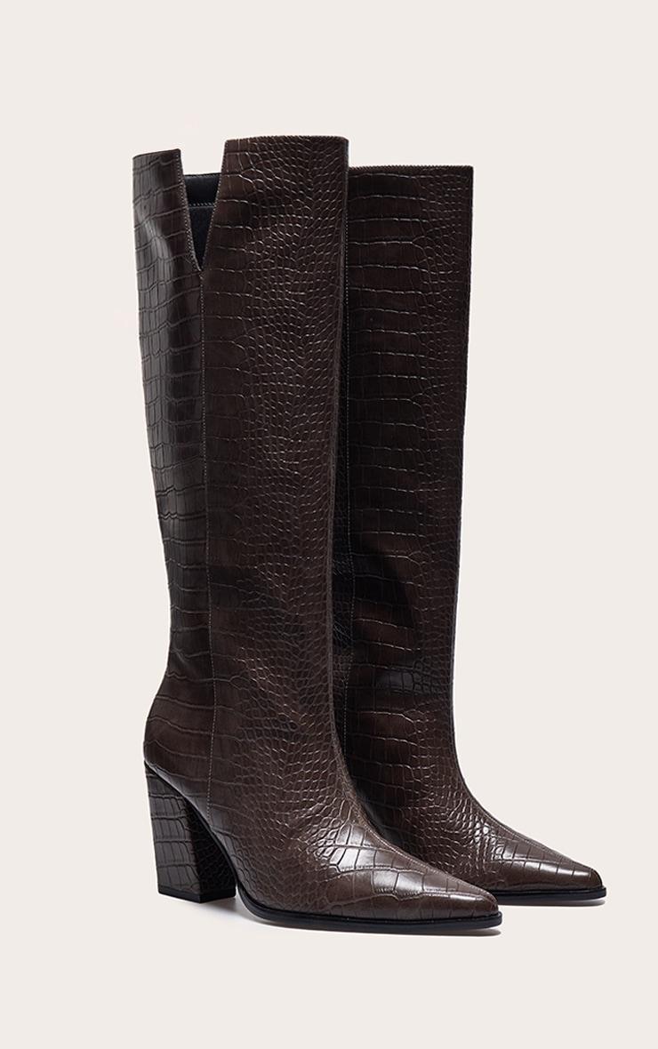 Chocolate Croc PU Point Toe Block Heeled Knee High Boots Product Image