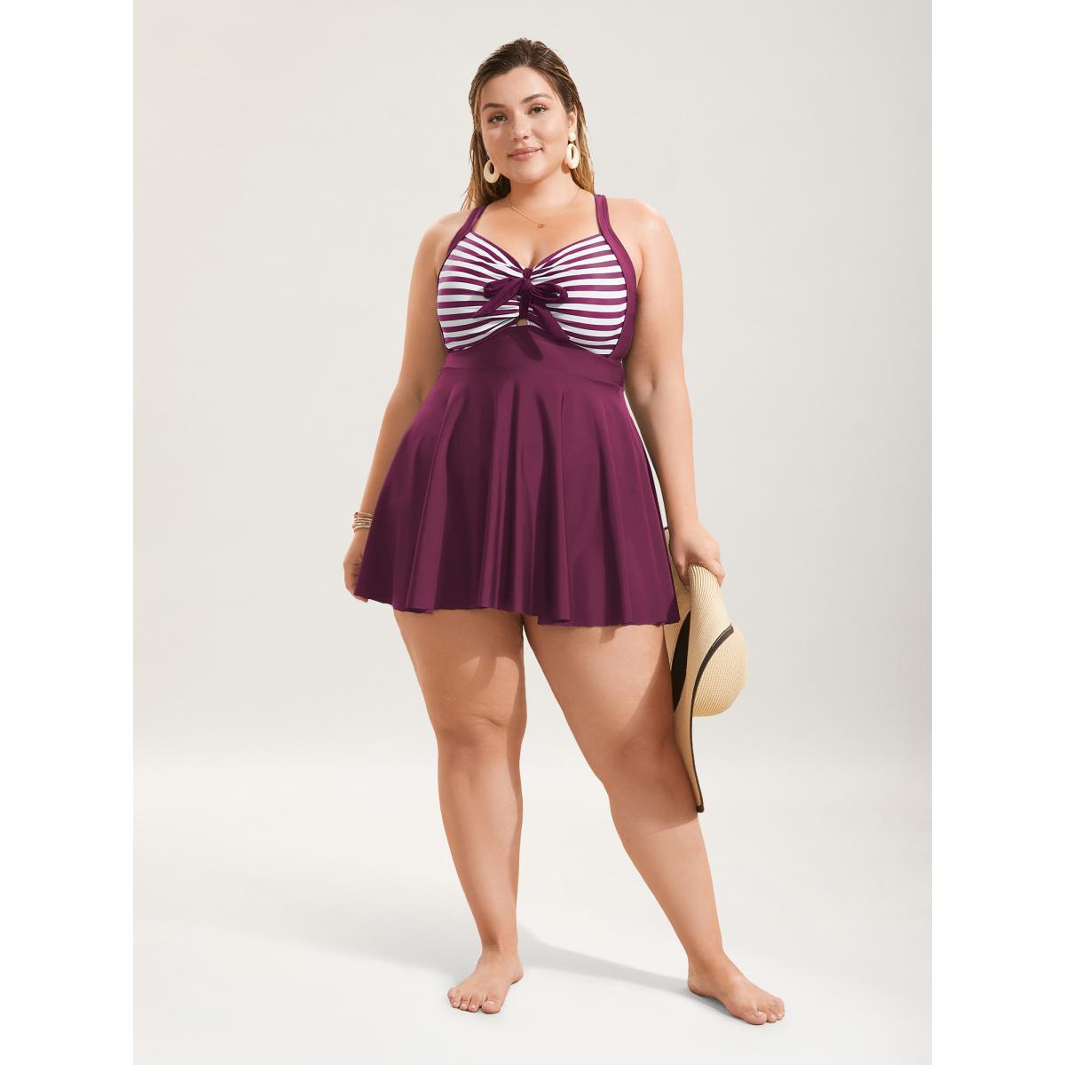 Plus Size Stripes Patchwork Tie Knot Cross Straps Swim Dress Women's Swimwear Deeppurplered Beach Bodycon Heart neckline High stretch Curve Swim Dresses BloomChic 10/M Product Image