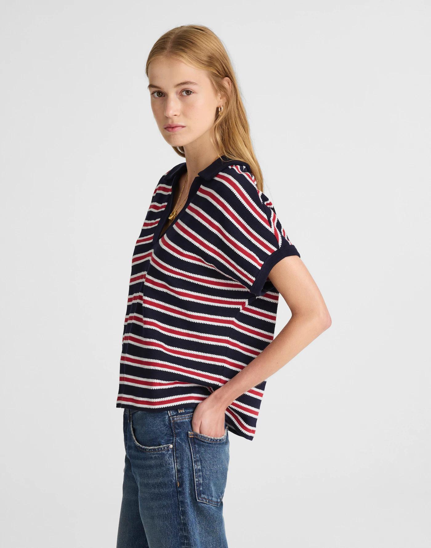 Relaxed V-Neck Polo Shirt in Stripe Product Image