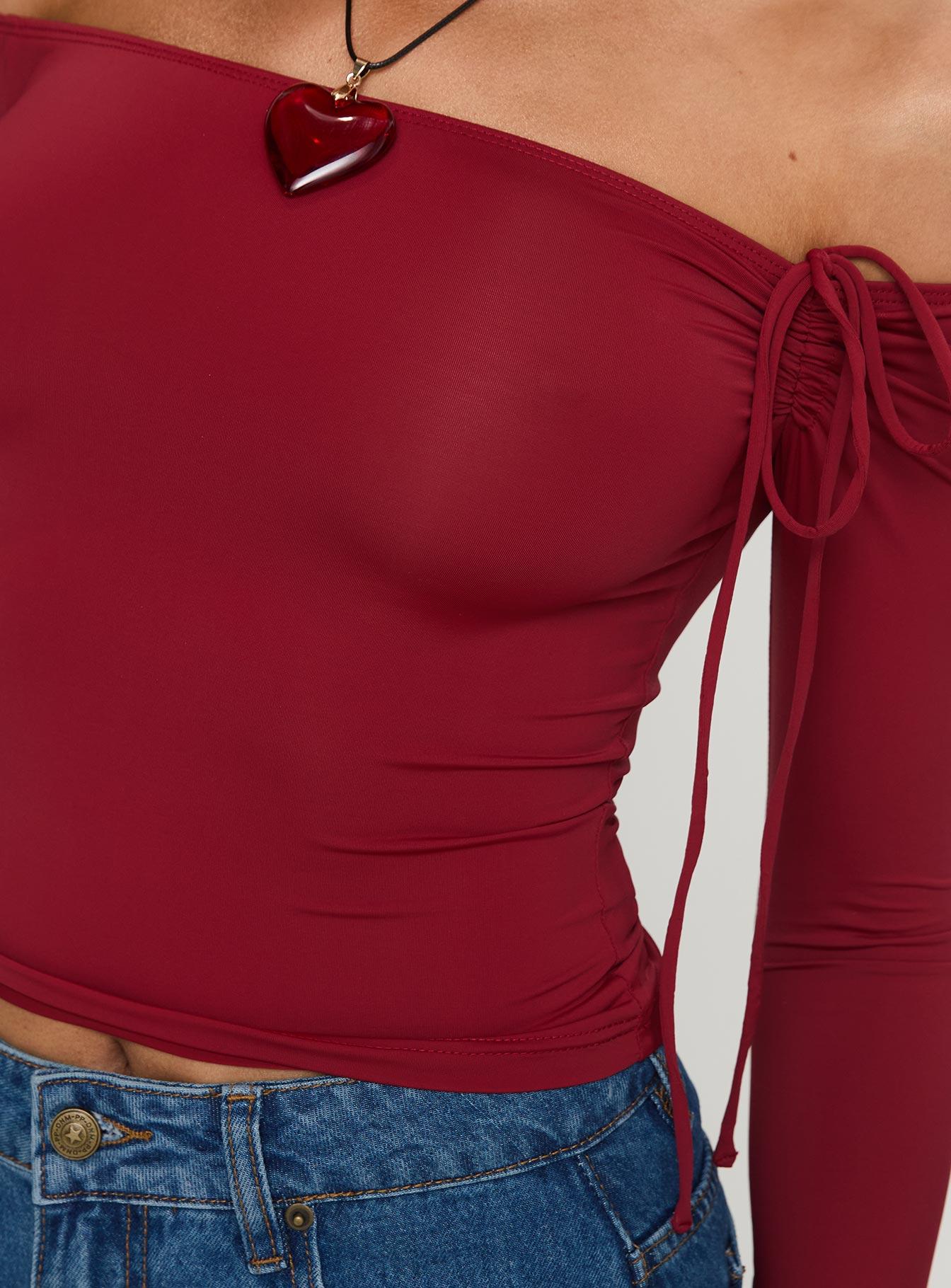 Where You At Off Shoulder Long Sleeve Top Red Product Image