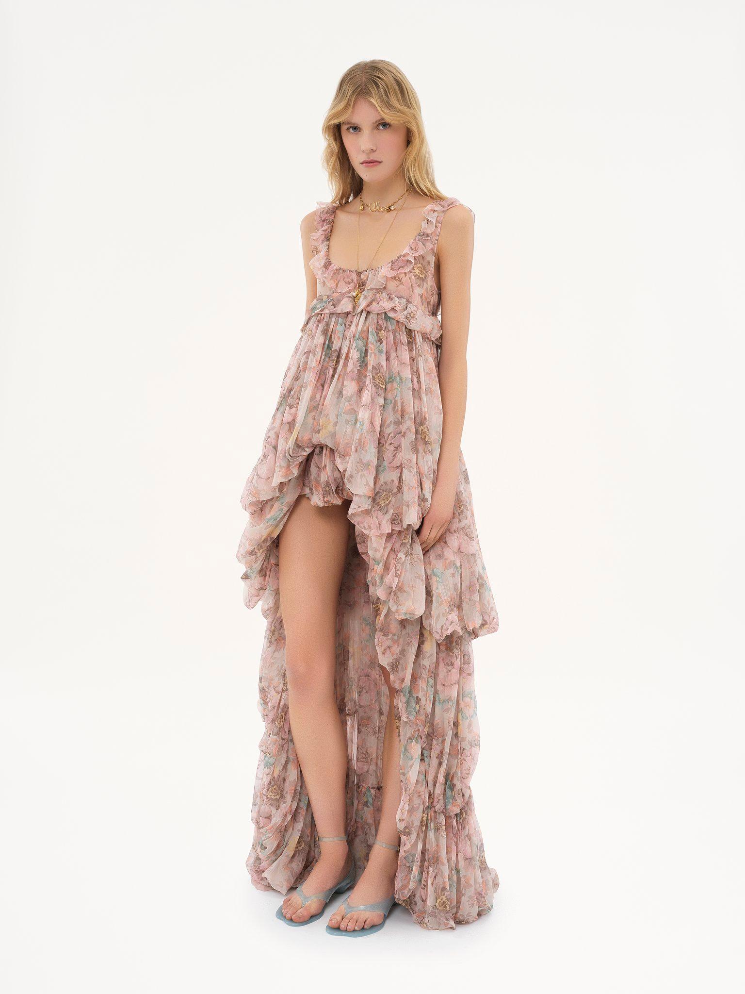 High-low ruffled dress in silk mousseline Product Image