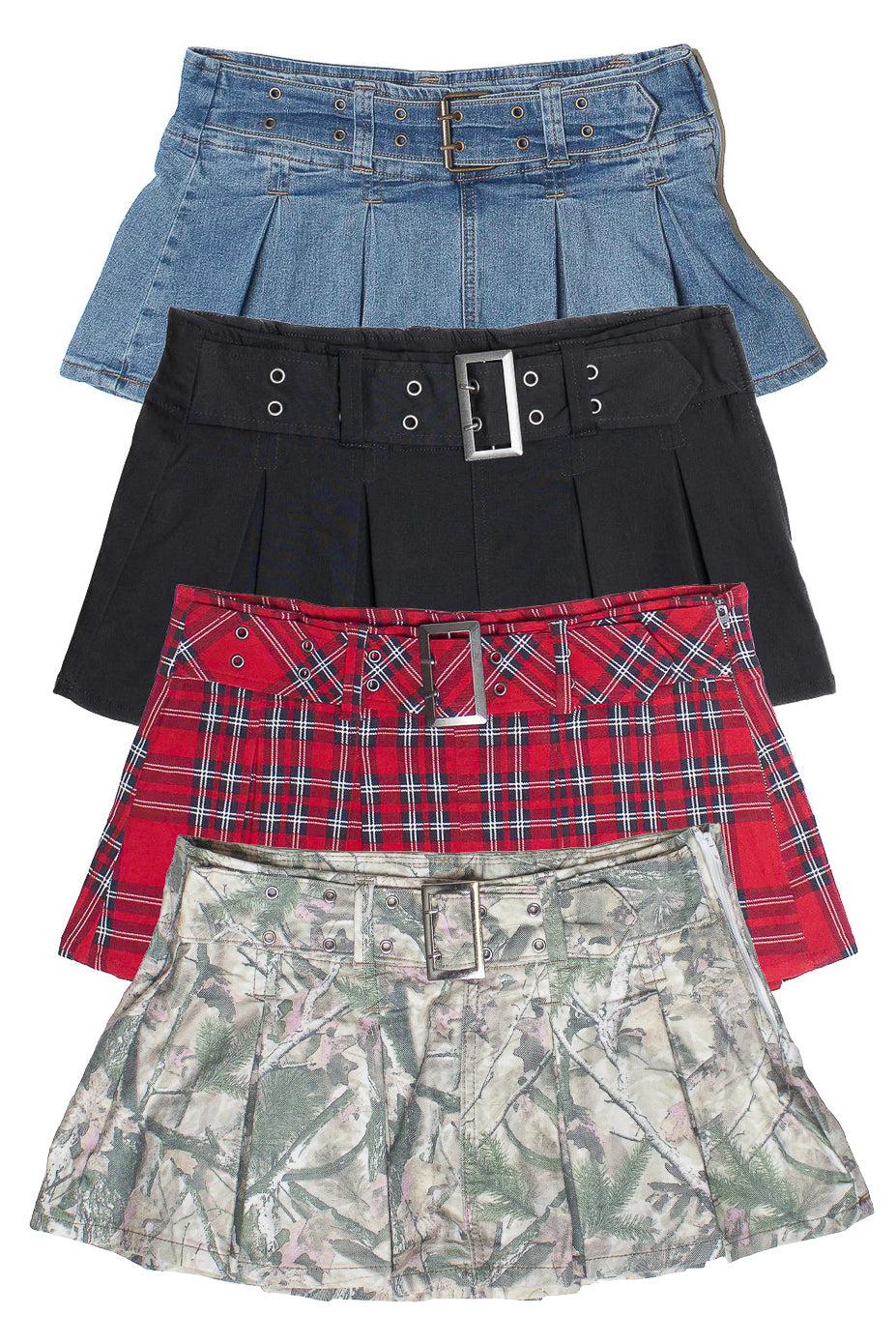 Low Rise Pleated Belted Denim Mini Skort Product Image
