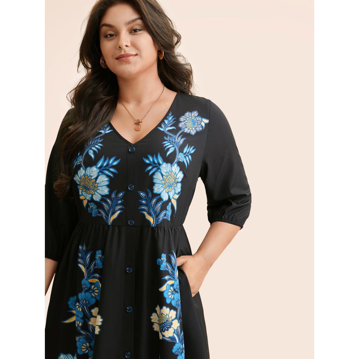 Plus Size Boho Print Lantern Sleeve Midi Dress BlackFlower Women Elegant Button V-neck Elbow-length sleeve Curvy BloomChic 22-24/3X Product Image