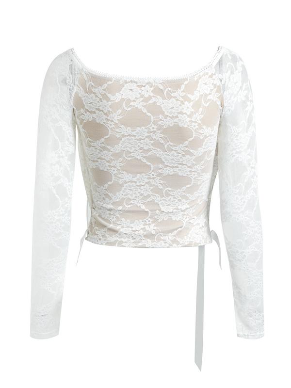 Lace Off Shoulder Tie Front Long Sleeve Tee & Tiered Skirt Set Product Image