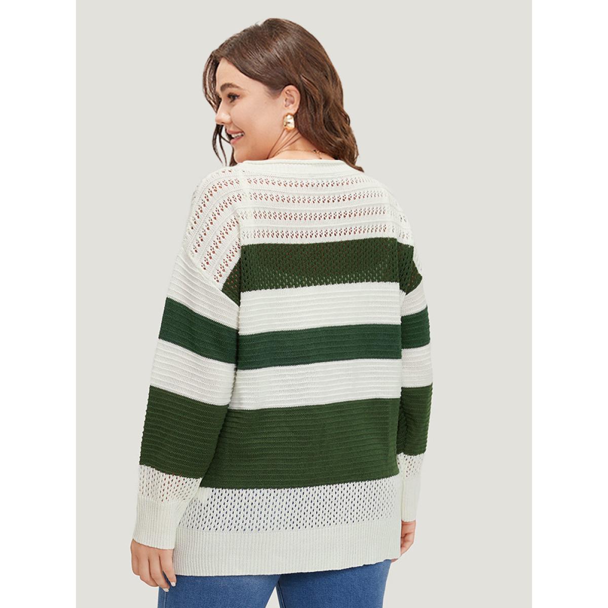 Plus Size Two Tone Colorblock Patchwork Cut Out Pullover Ivory Women Casual Loose Long Sleeve Round Neck Dailywear Pullovers BloomChic 12/L Product Image