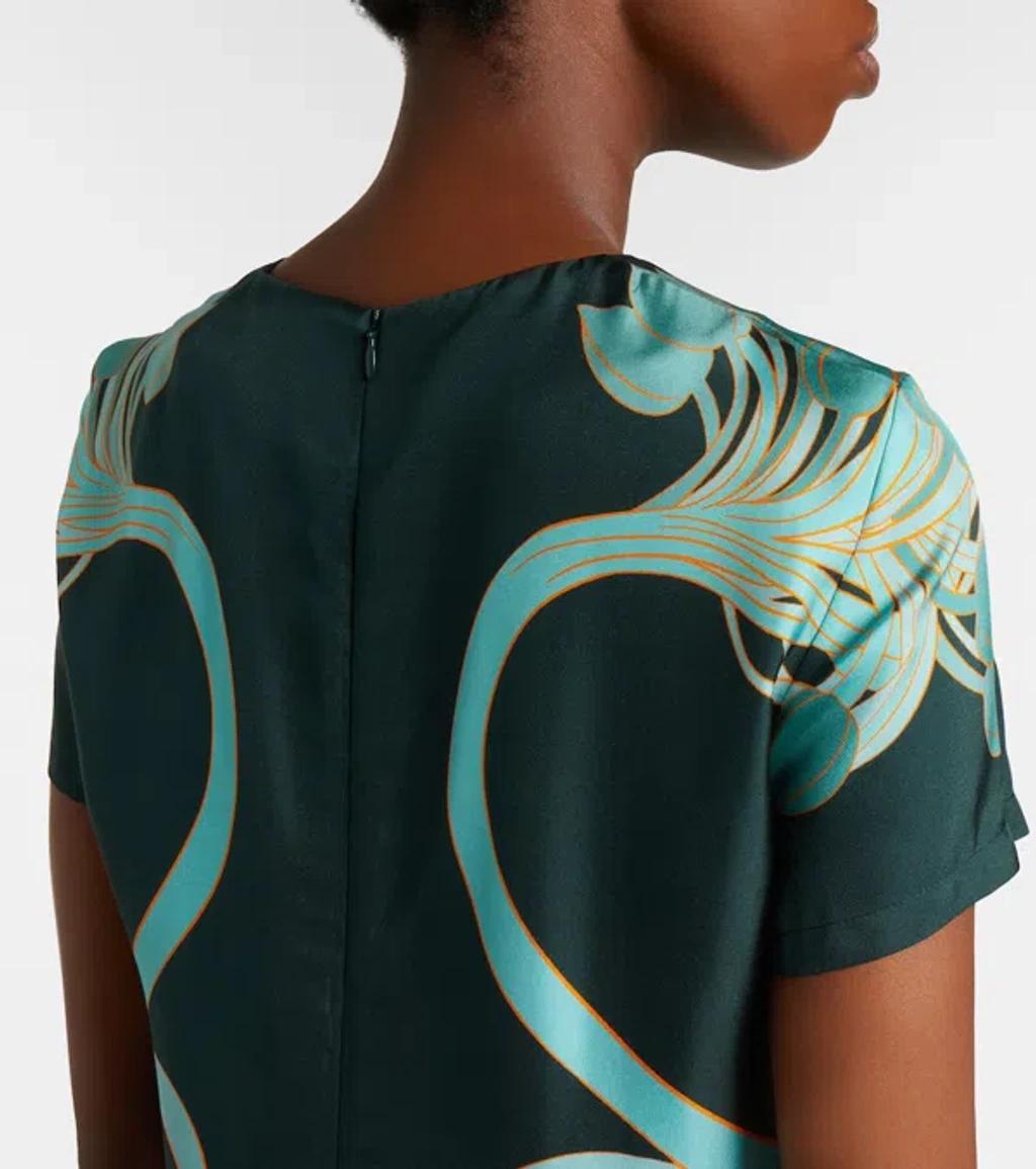 LA DOUBLEJ Swing Printed Feather-trimmed Silk-twill Mini Dress In Blue Product Image
