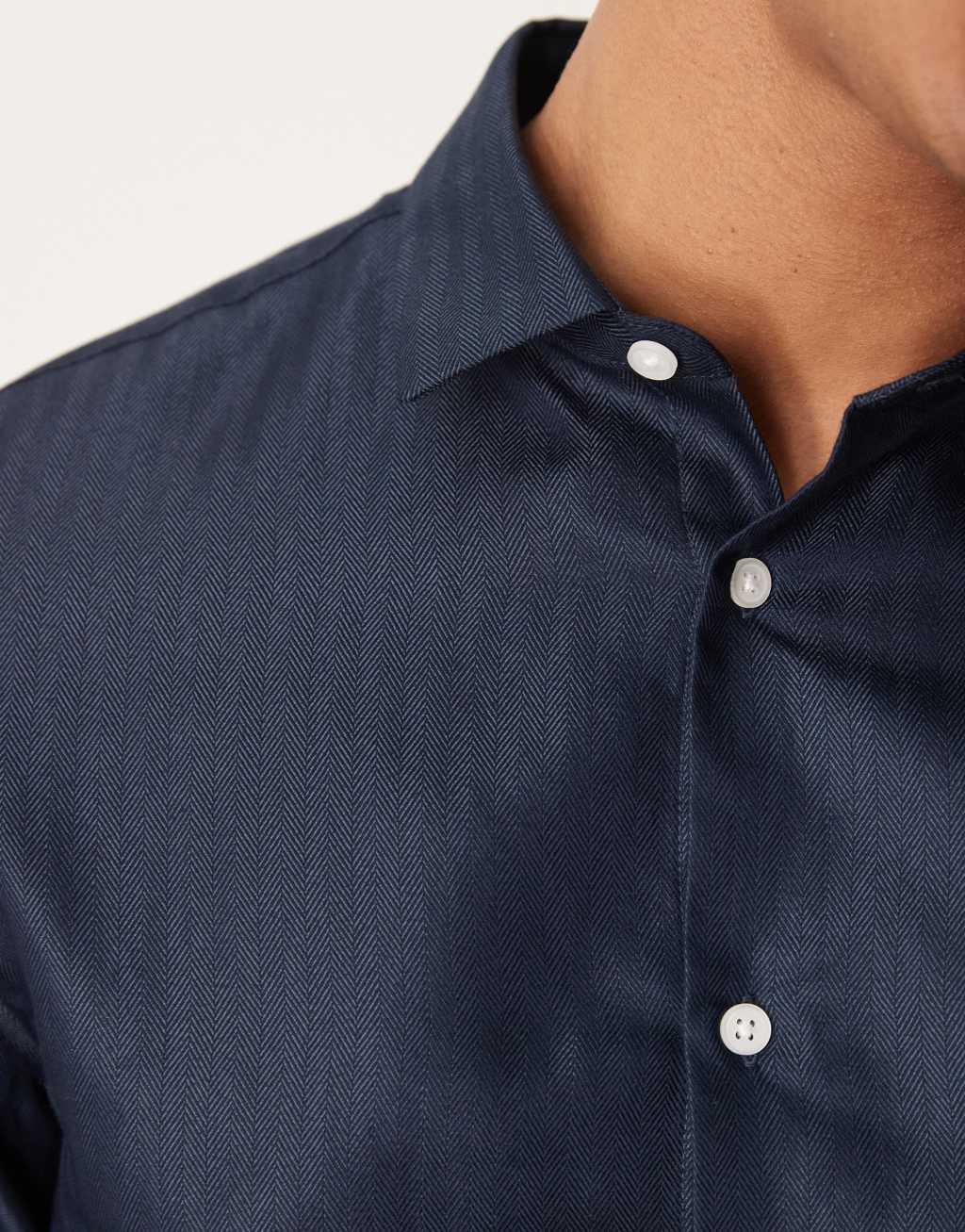 ASOS DESIGN formal easy iron regular shirt in herringbone texture in navy Product Image