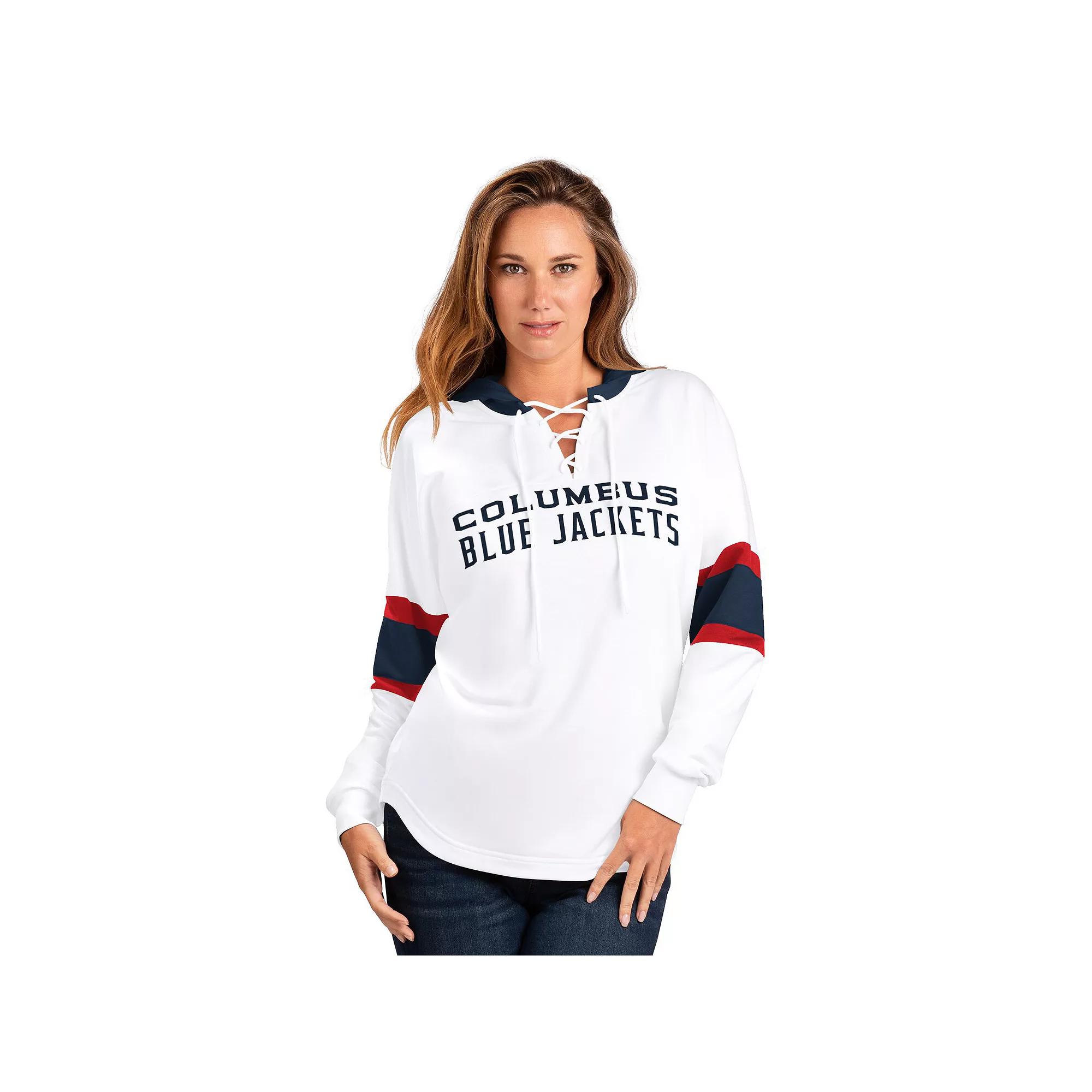 Women's G-III 4Her by Carl Banks White Columbus Blue Jackets Goal Zone Long Sleeve Lace-Up Hoodie T-Shirt,  Product Image